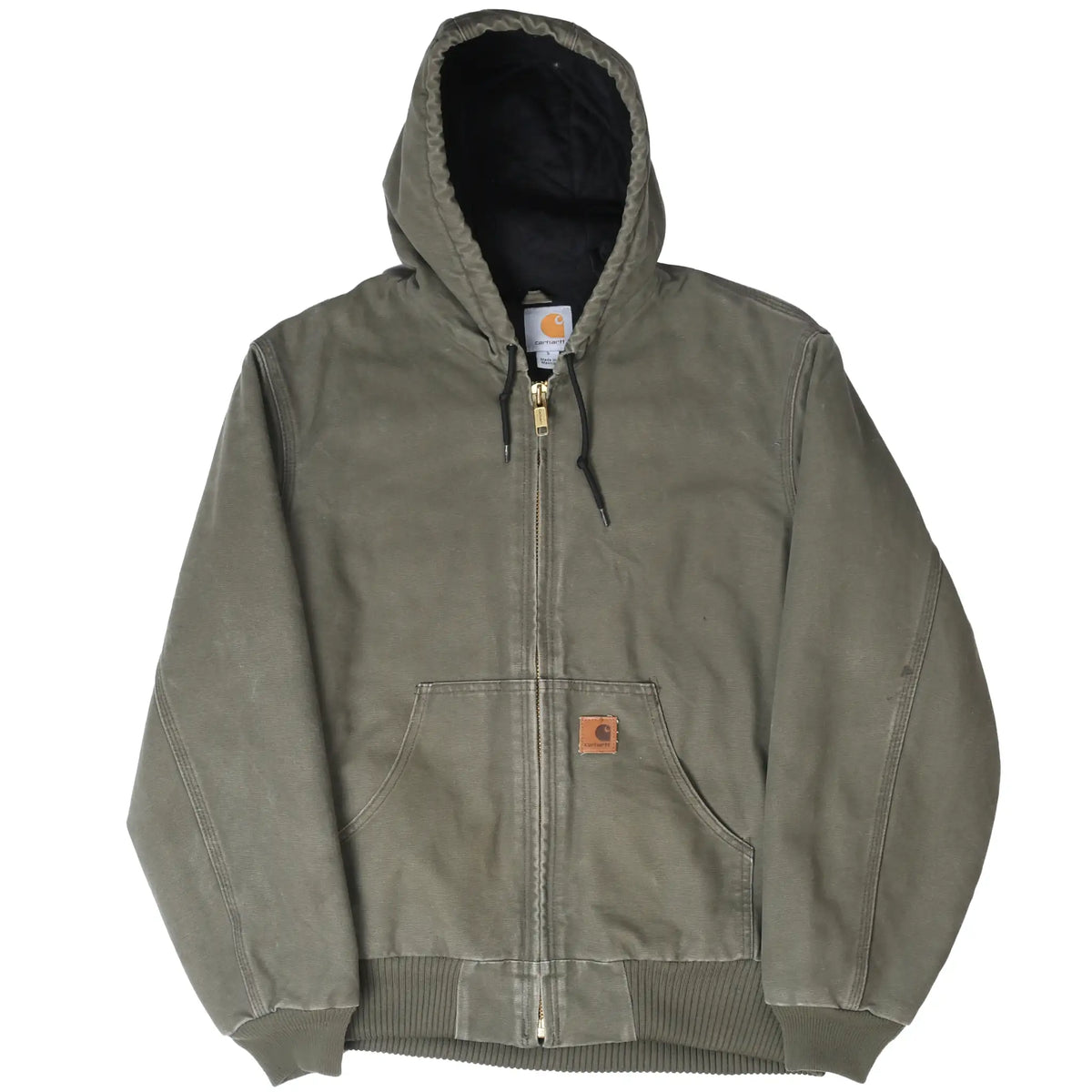 Full front view of green Carhartt hooded jacket with zip closure and logo patch pocket