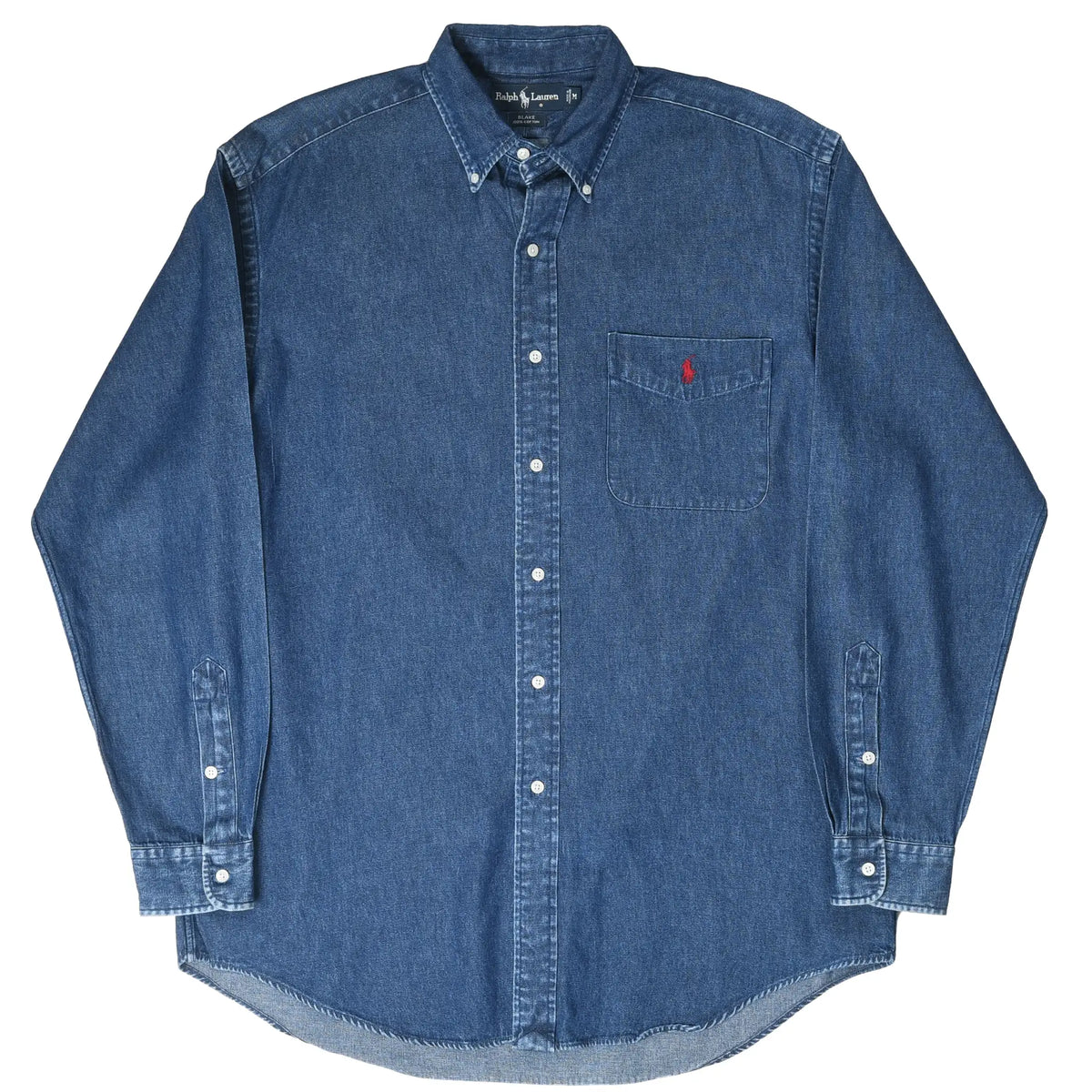 Front of dark blue Polo Ralph Lauren denim shirt showing button-down collar, chest pocket, and curved hem