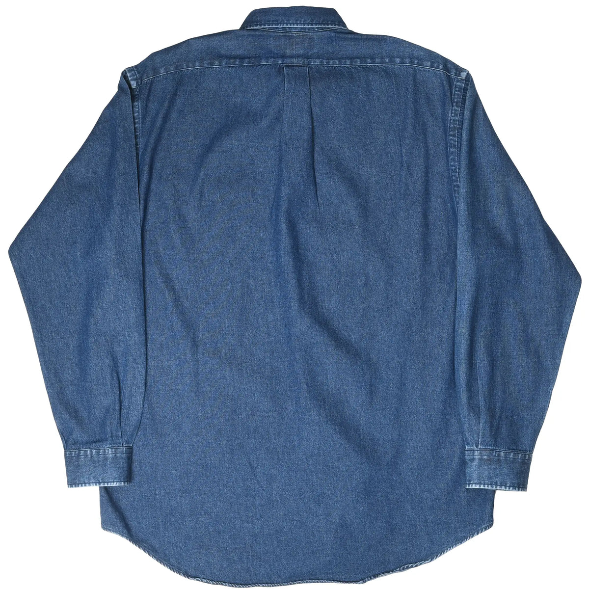 Back of dark blue Polo Ralph Lauren denim shirt with long sleeves and curved hem