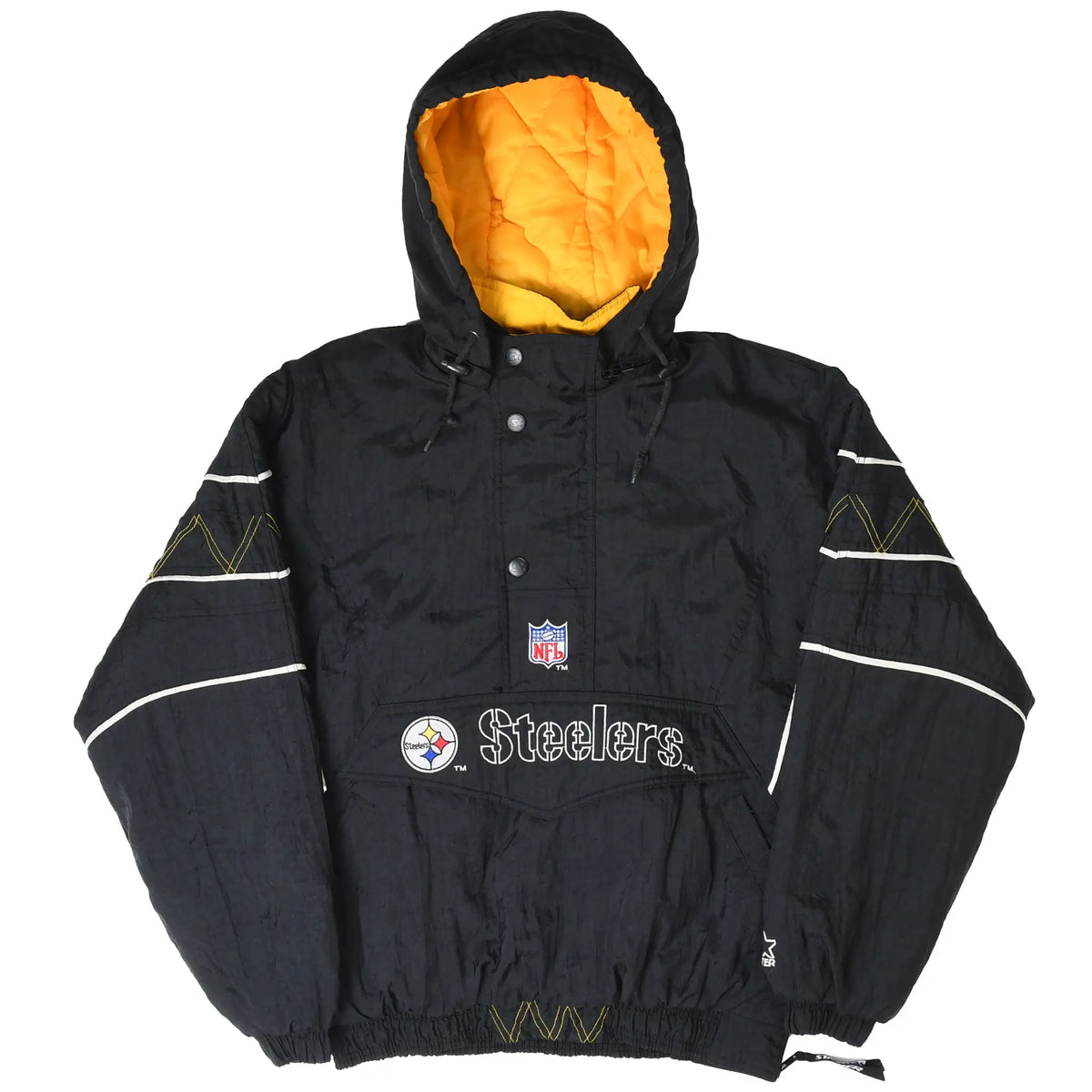 Full front view of black Steelers Starter pullover jacket with yellow-lined hood and white sleeve piping