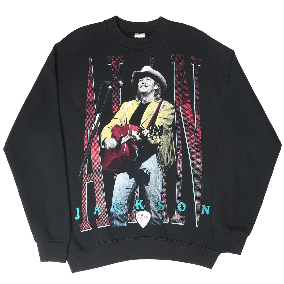 Full front view of black Alan Jackson sweatshirt with colorful guitar performance print