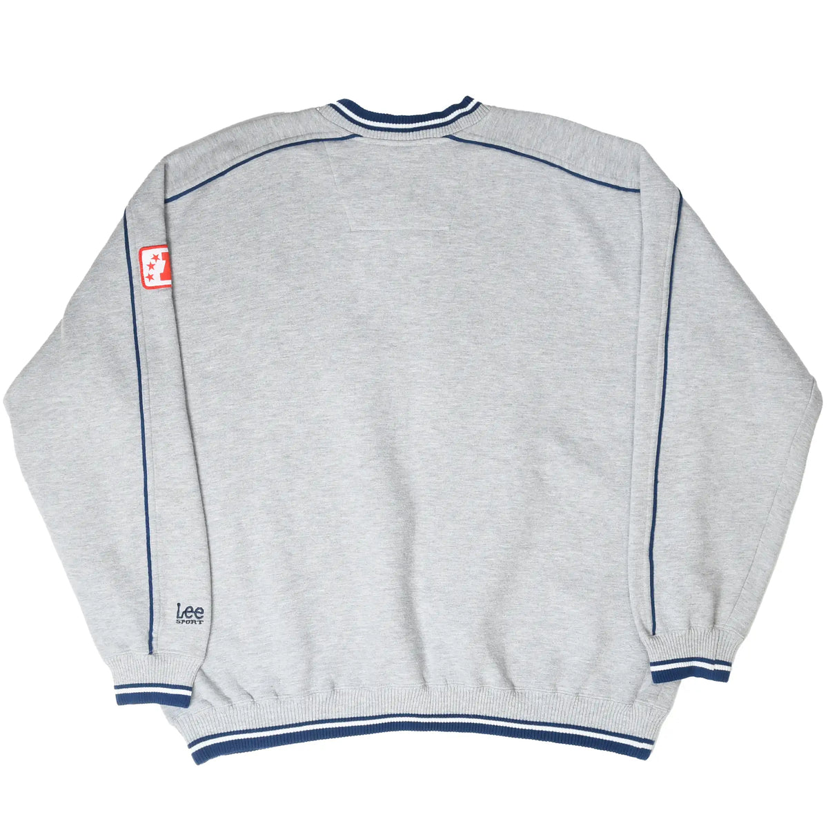 Back of gray Seattle Seahawks sweatshirt with navy piping and striped trim