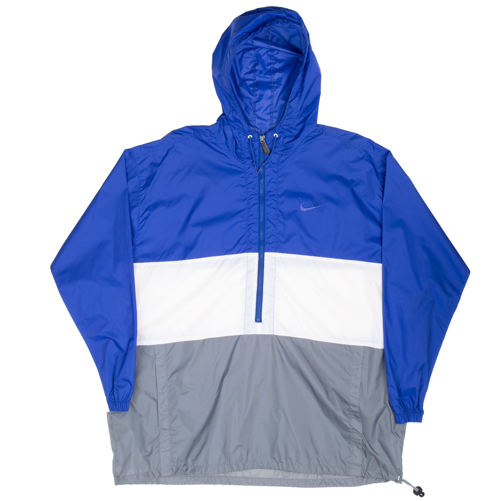 Vintage Nike Swoosh Blue White Grey Pullover Windbreaker Hooded Jacket 1990S Size XL