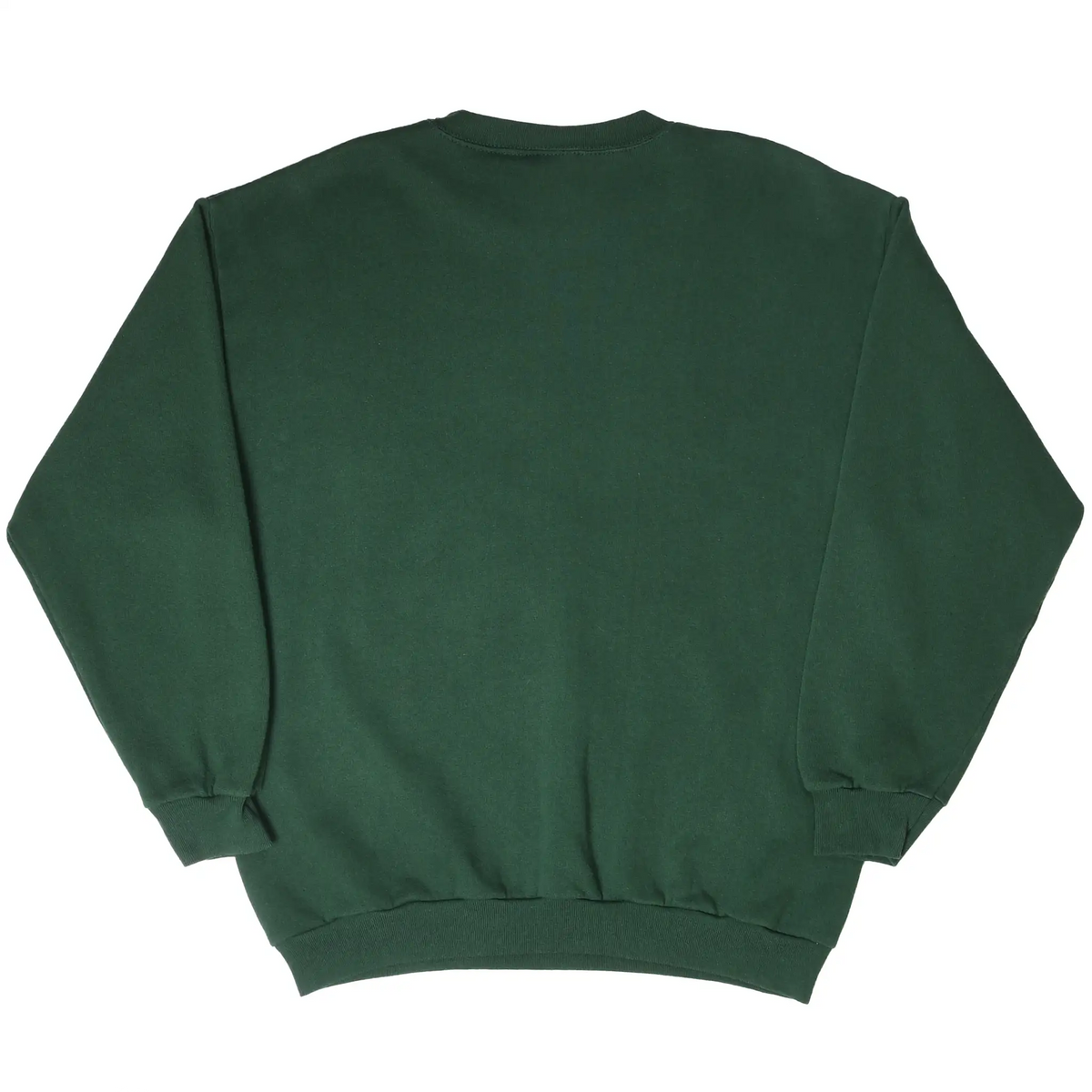 Back of plain dark green crewneck sweatshirt with ribbed cuffs and waistband