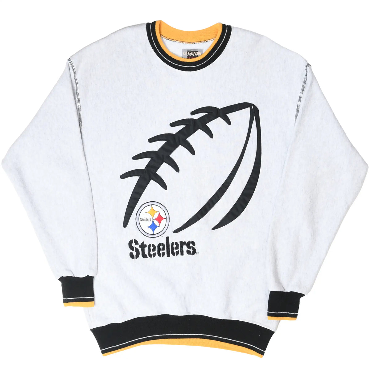 Full front view of gray Steelers sweatshirt with black, white and gold trim