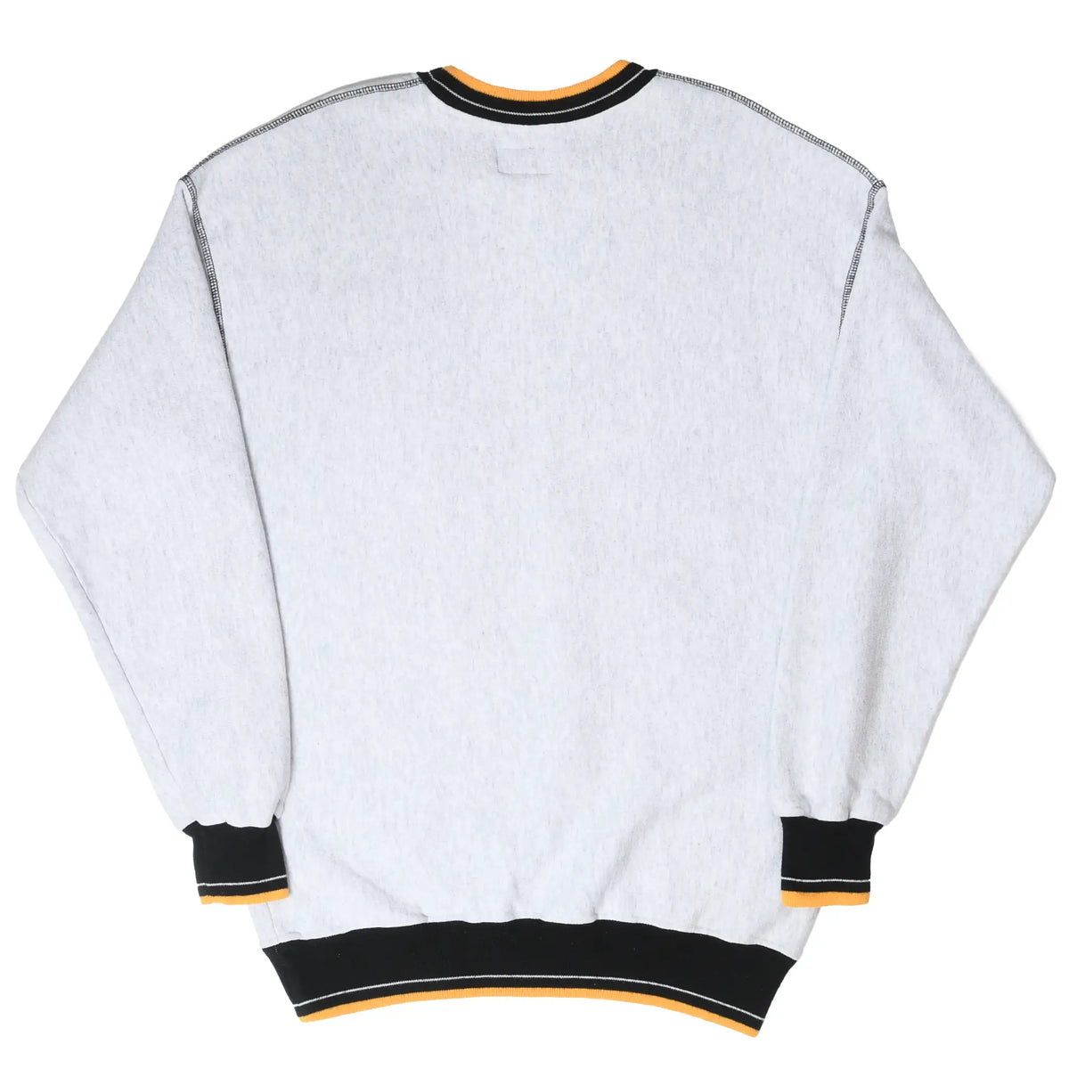 Back of gray Steelers sweatshirt with black, white and gold ribbed trim