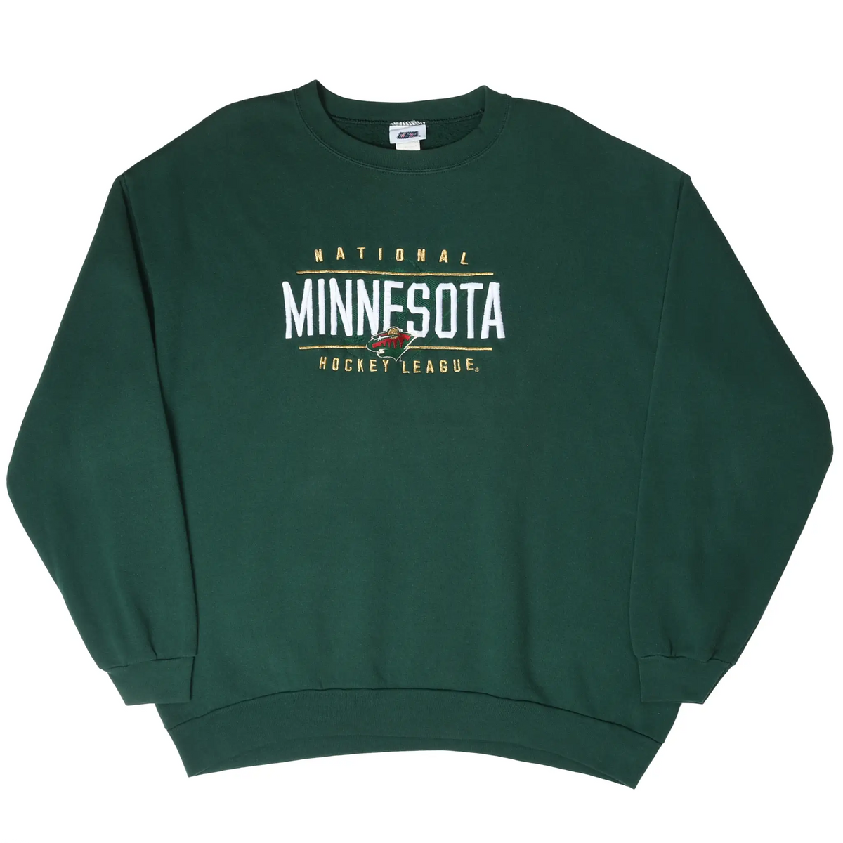 Full front view of dark green Minnesota Wild crewneck sweatshirt with embroidered chest graphic
