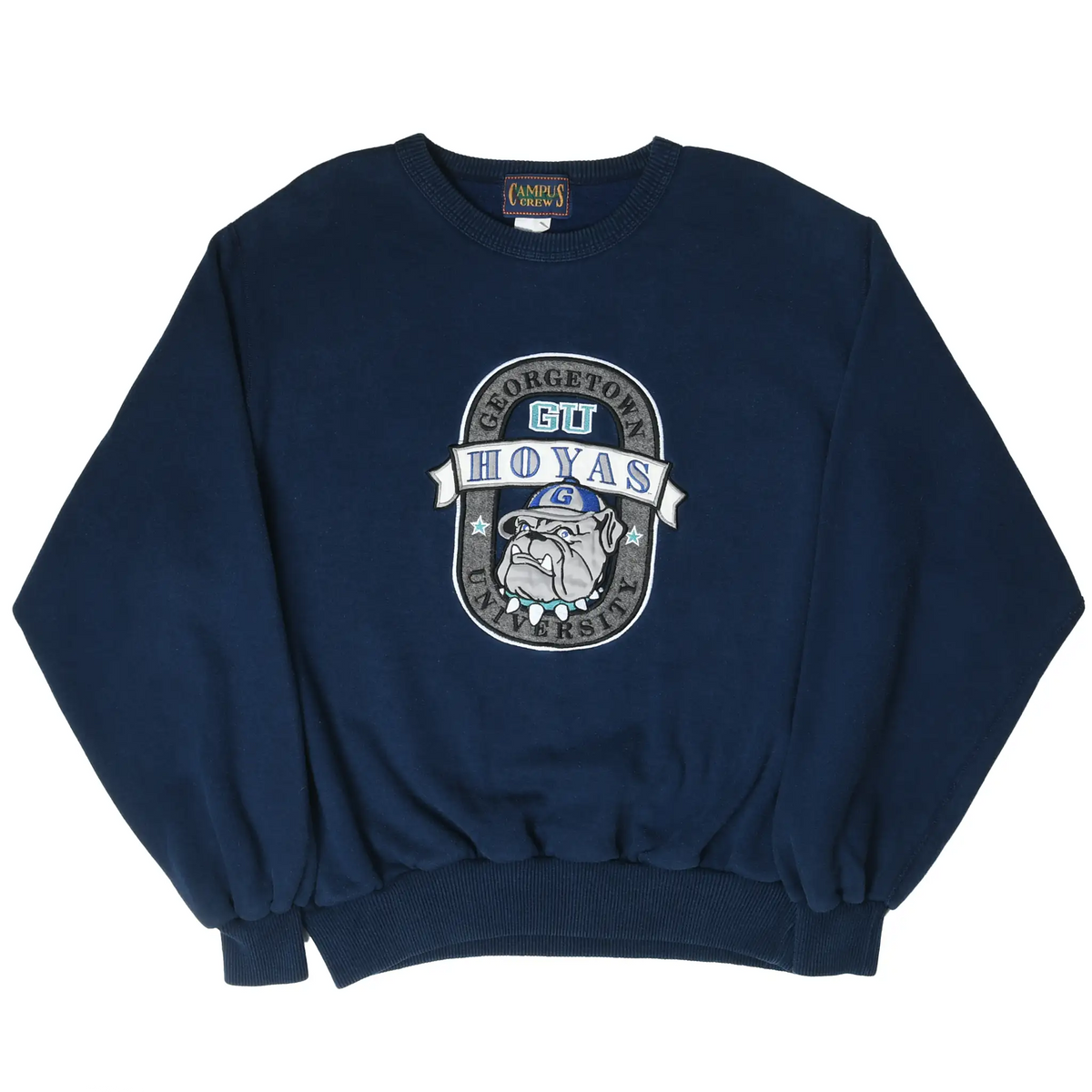 Full front view of navy Georgetown Hoyas crewneck sweatshirt with embroidered crest
