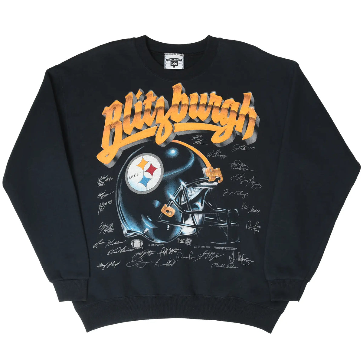 Full front view of black Pittsburgh Steelers sweatshirt with orange Blitzburgh helmet graphic