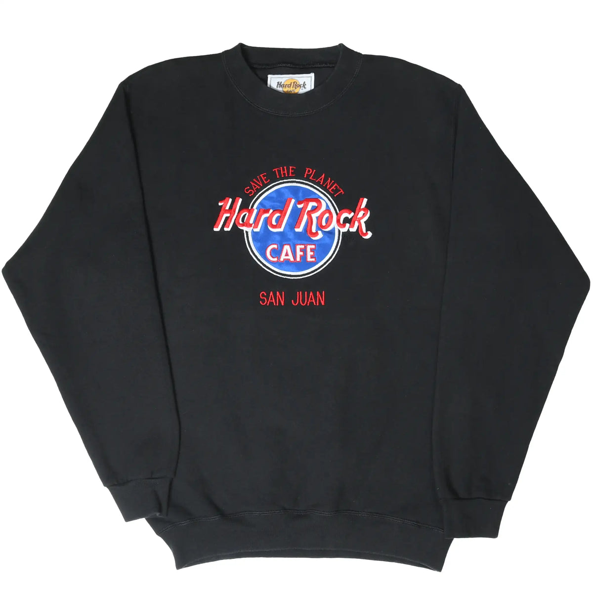 Full front view of black Hard Rock Cafe San Juan sweatshirt with Save the Planet chest graphic