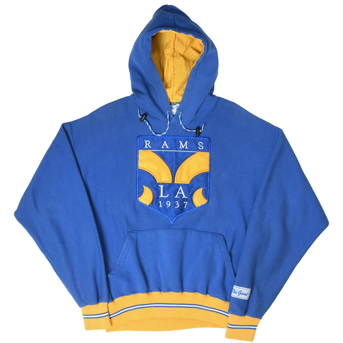 Full front view of blue Los Angeles Rams pullover hoodie with gold accents and kangaroo pocket