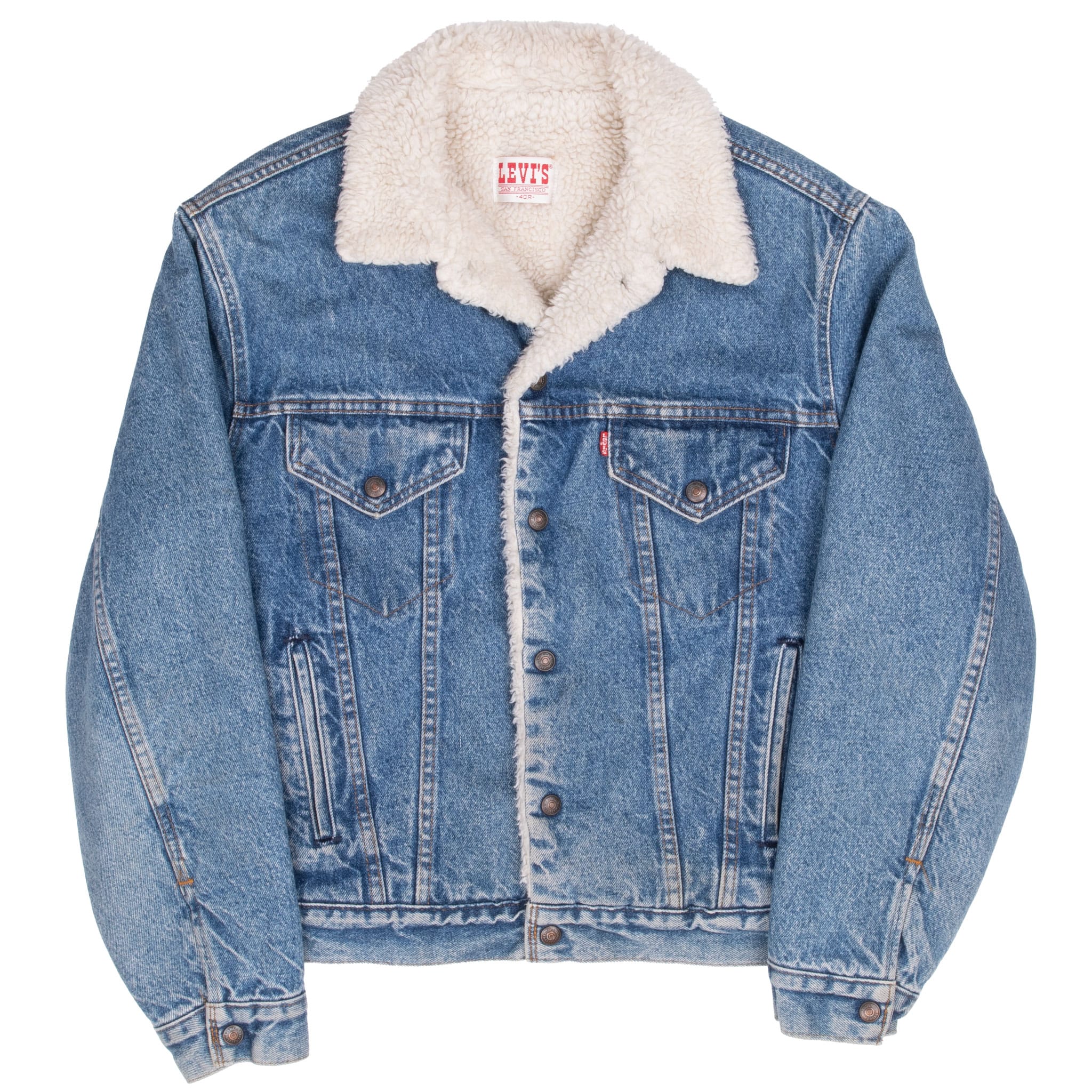 Vintage Levis Sherpa Trucker Denim Jacket Medium Wash Clean 1980s Size 40R Made In USA
Button #527
