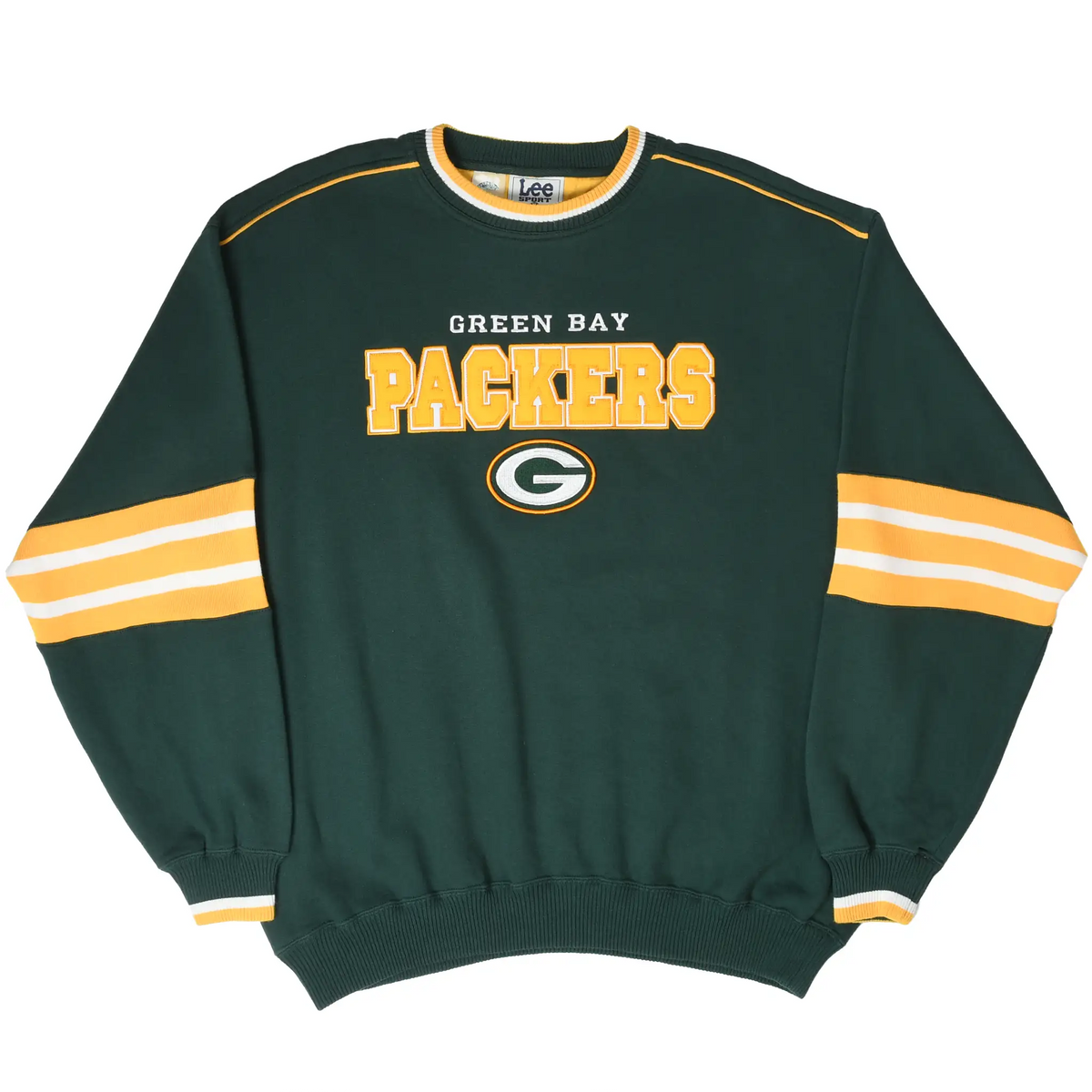 Full front view of green Green Bay Packers sweatshirt with yellow and white sleeve stripes