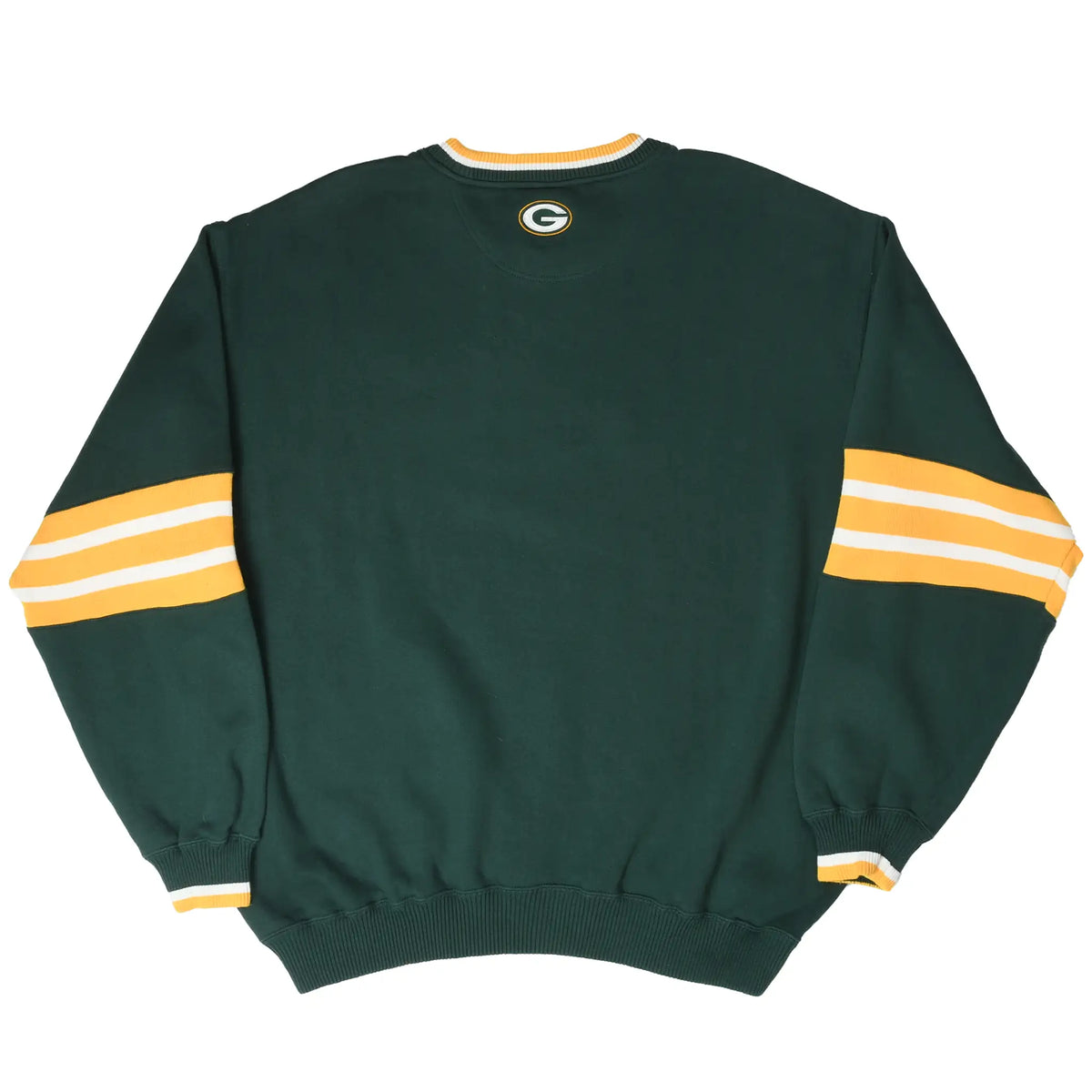 Back of green Green Bay Packers sweatshirt with small G logo below the collar and striped sleeves