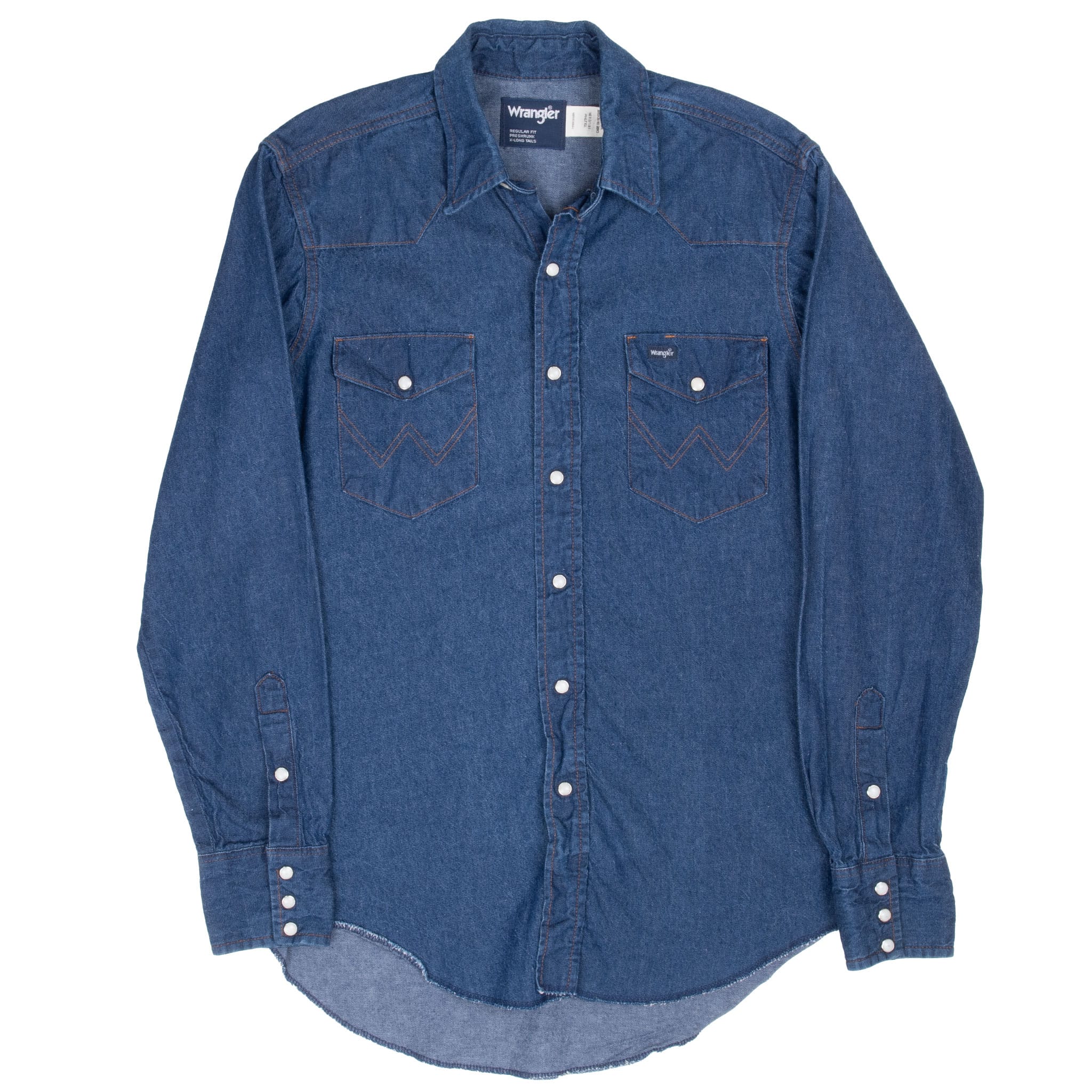Vintage Wrangler Pearl Snap Button Blue Denim Shirt 1980S Size 15 1/2 X 34 Xlong Tail Made In Usa