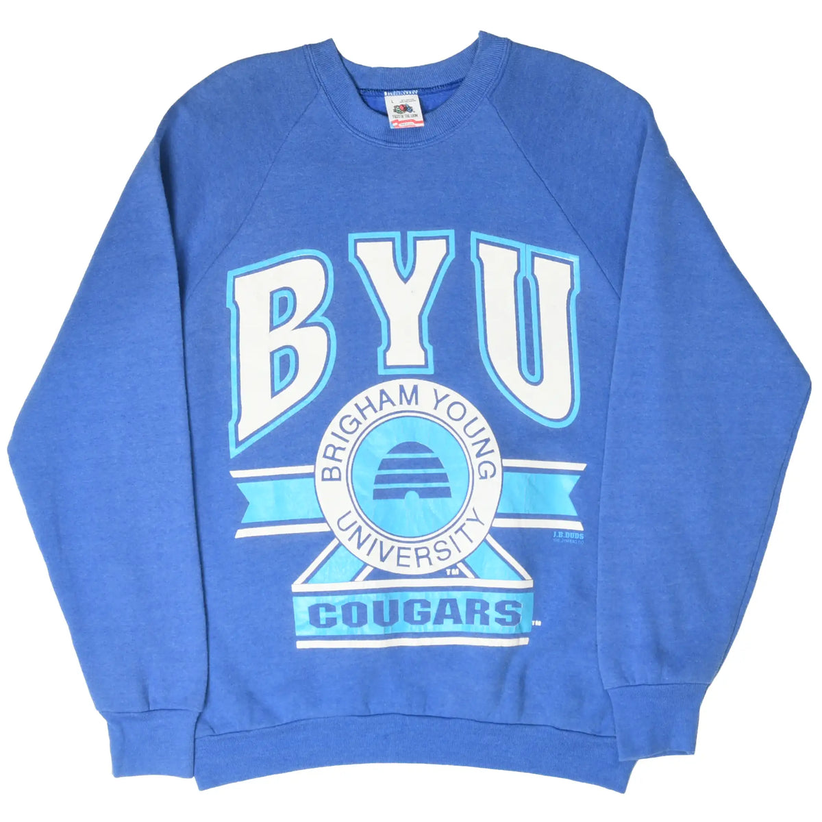 Full front view of blue BYU Cougars crewneck sweatshirt with collegiate graphic