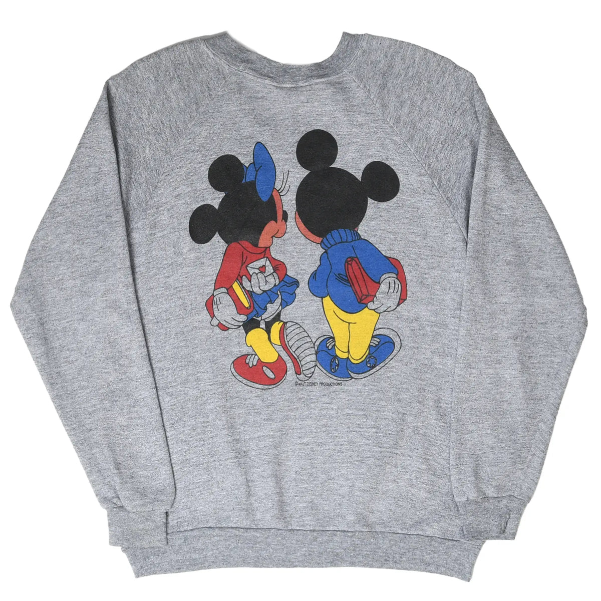 Back of gray Disney sweatshirt with Mickey and Minnie Mouse carrying books
