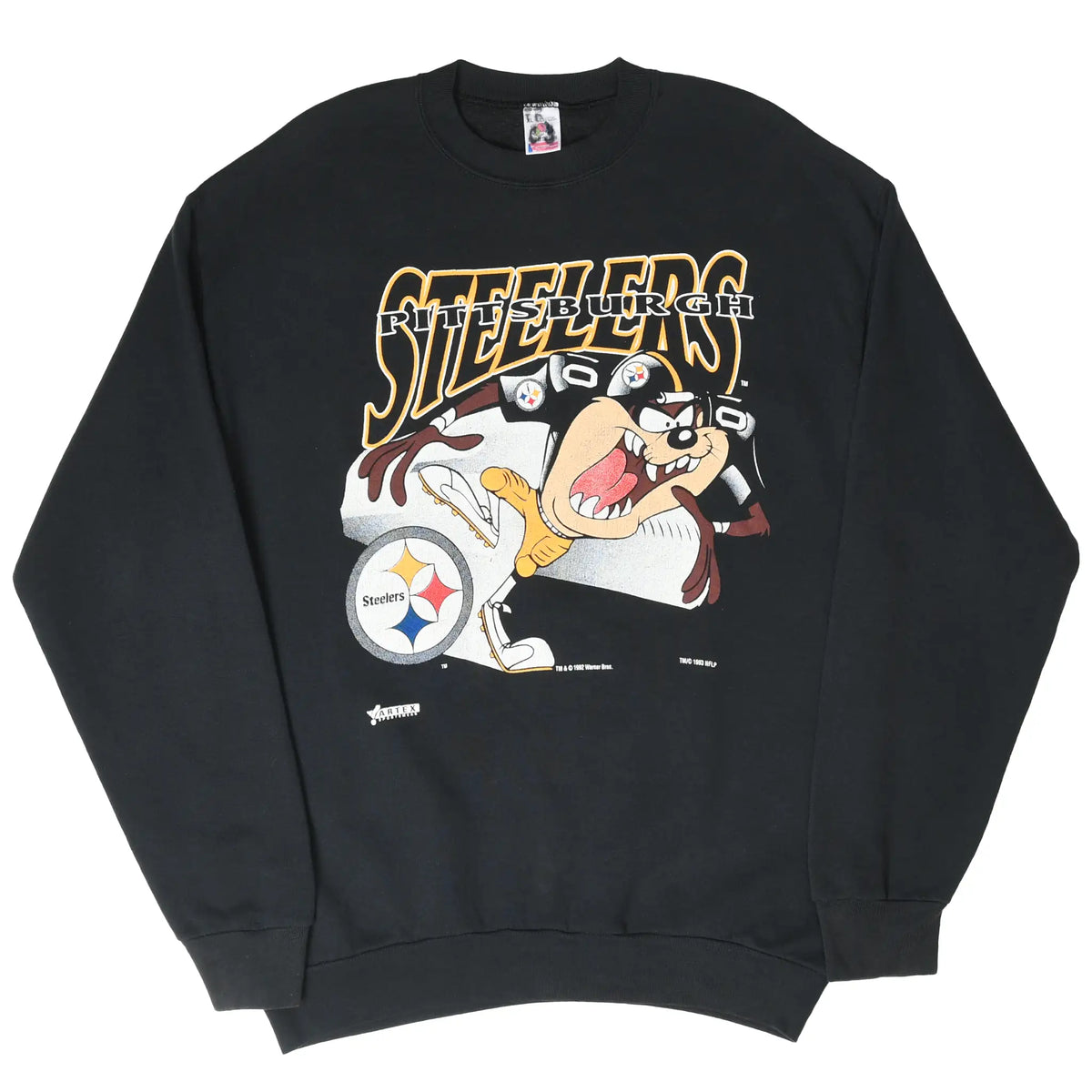 Full front view of black Steelers sweatshirt featuring Looney Tunes Taz