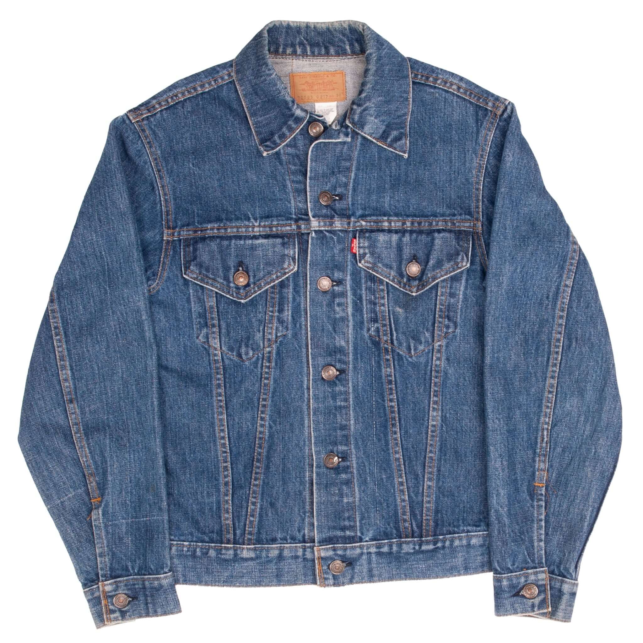 Full front view of Levi's Type III 70505 blue denim jacket with button closure
