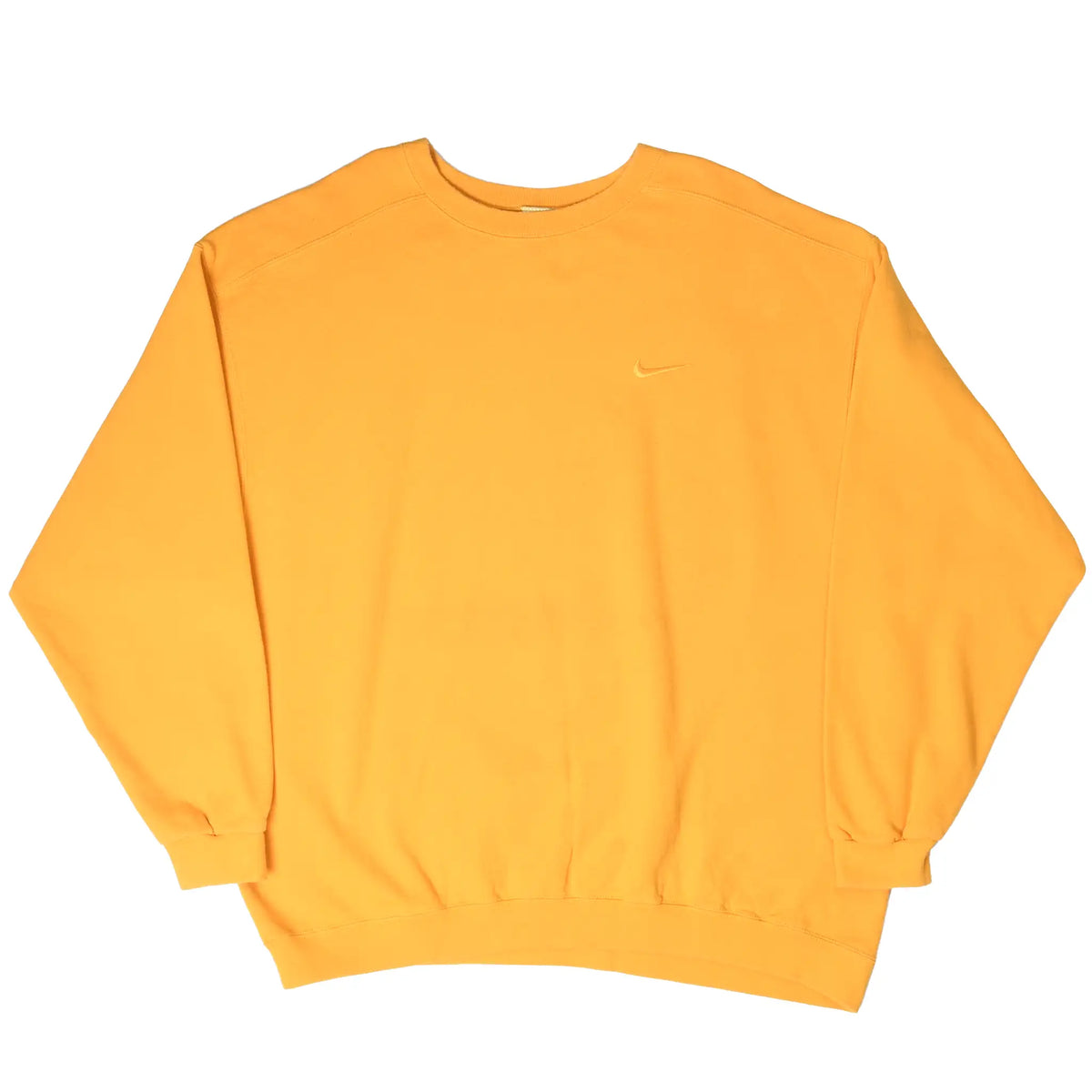 Full front view of yellow Nike crewneck sweatshirt with ribbed cuffs and hem