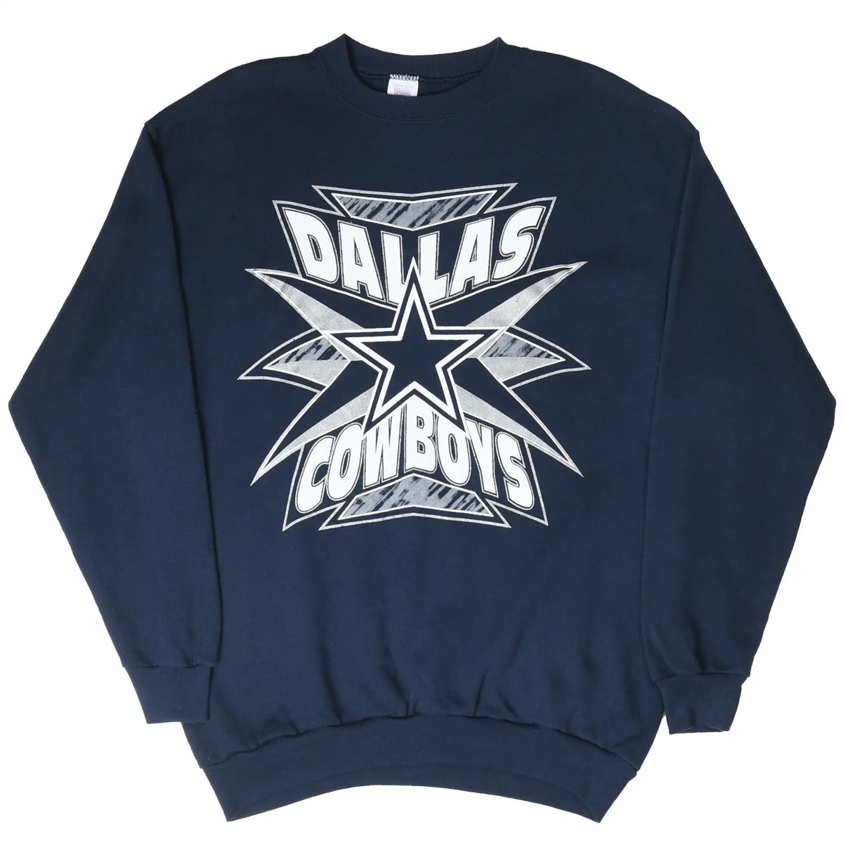 Full front view of navy Dallas Cowboys crewneck sweatshirt with large star graphic