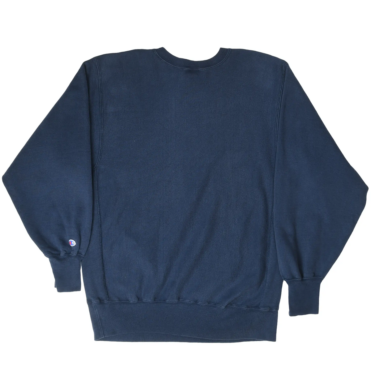Back view of plain navy Champion Reverse Weave sweatshirt with sleeve logo patch