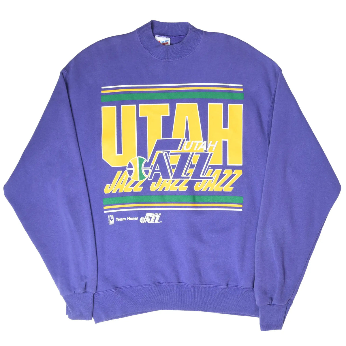 Full front view of purple Utah Jazz crewneck sweatshirt with multicolor logo print