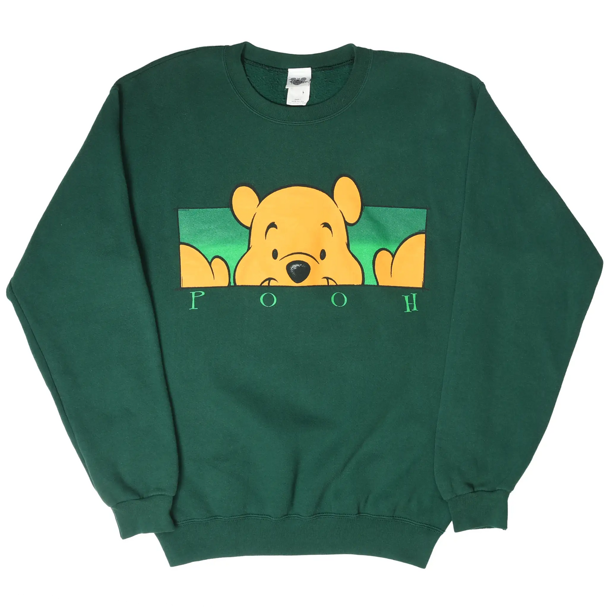 Full front view of dark green Disney sweatshirt with Winnie the Pooh graphic