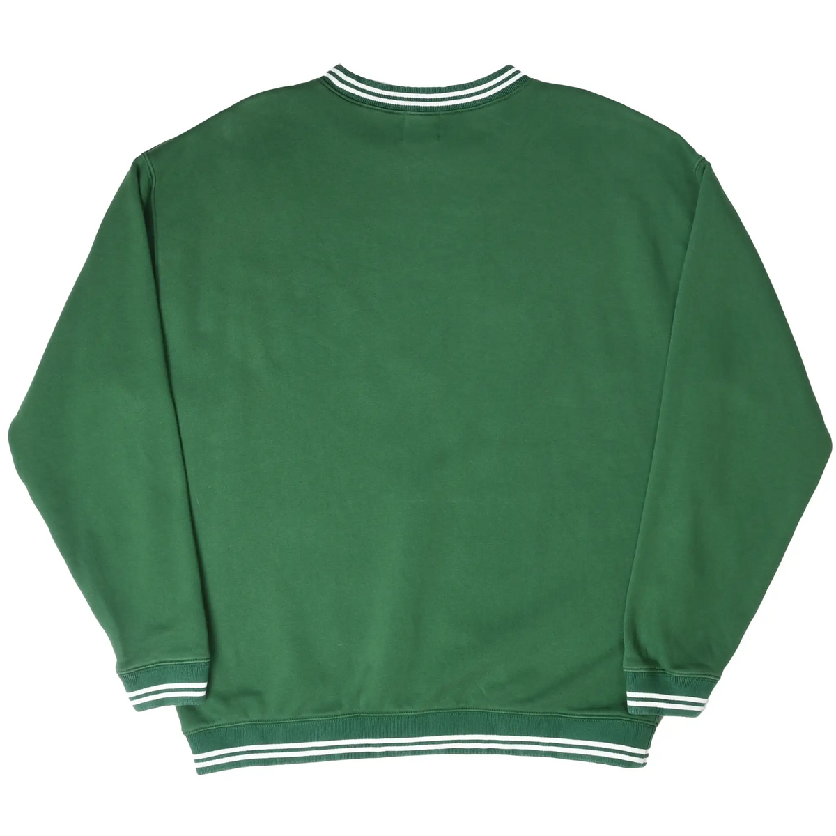 Back of green Winnie the Pooh sweatshirt with plain design and white striped ribbed trim