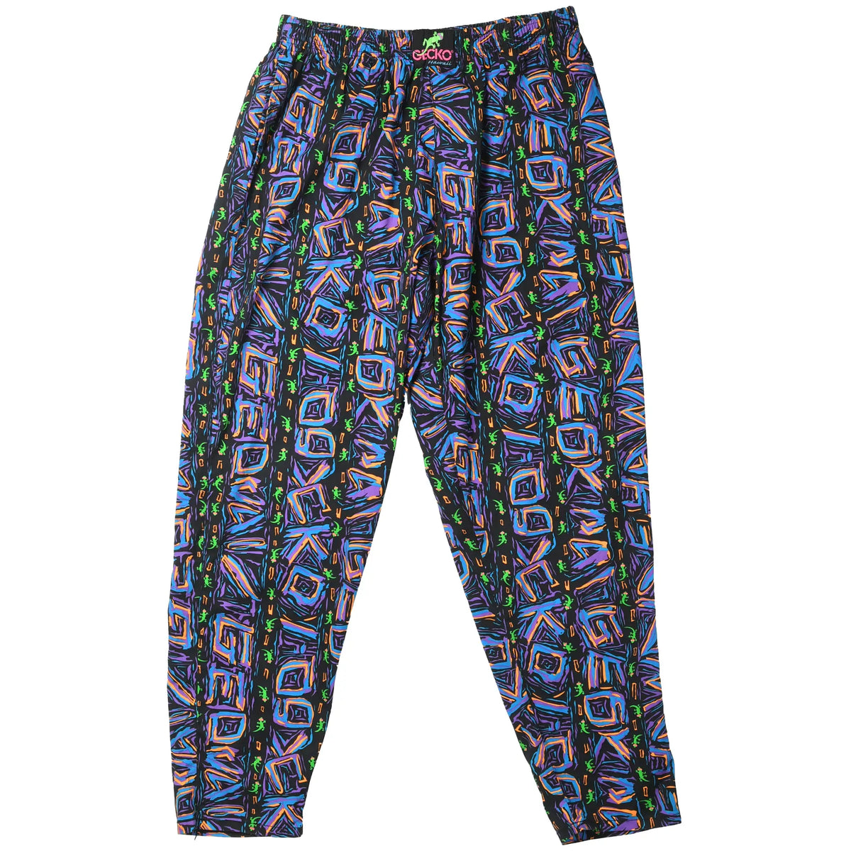 Front of Gecko Hawaii pants with colorful abstract and green gecko all-over print on black