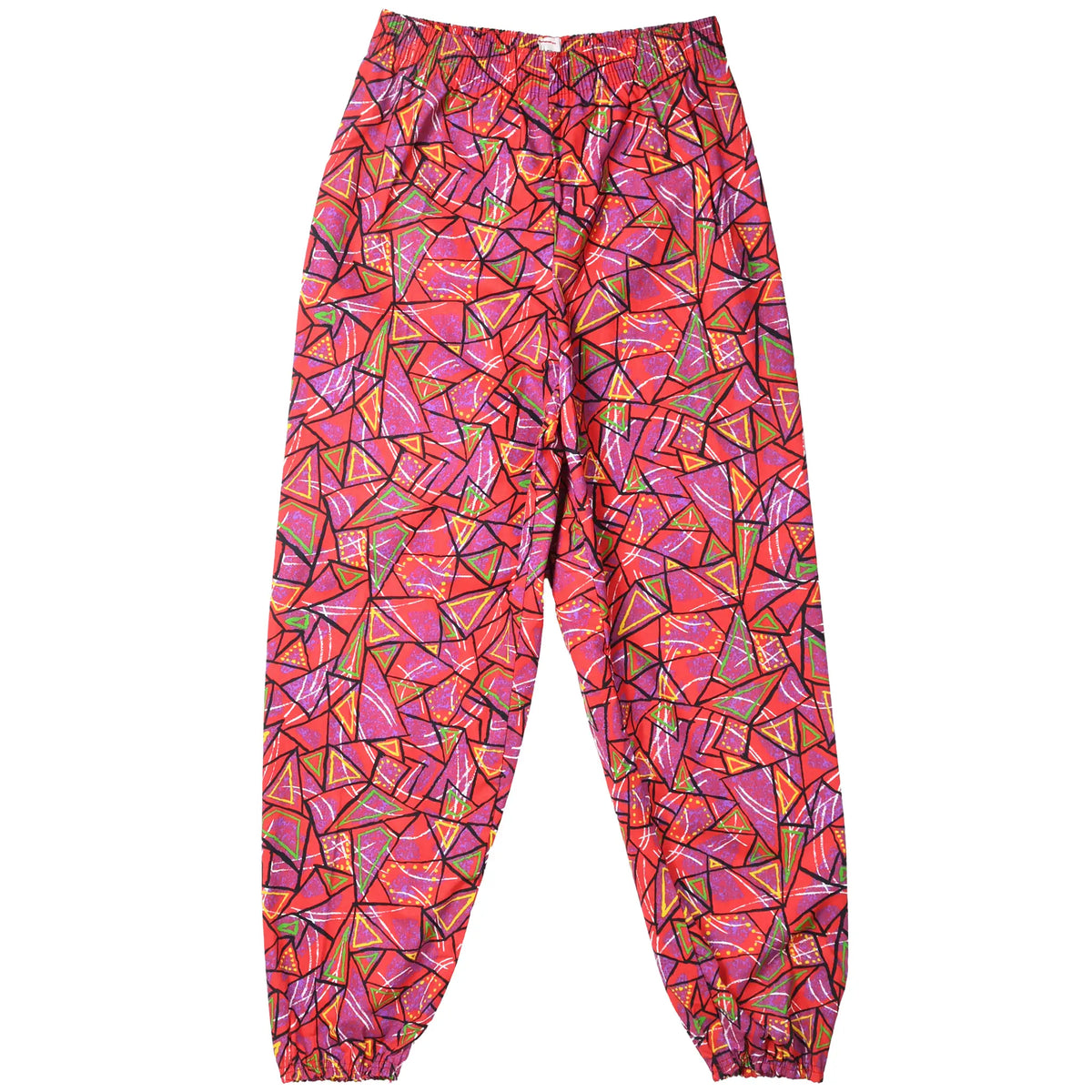 Front of Key Elements pants with red, purple, green and yellow geometric all-over print