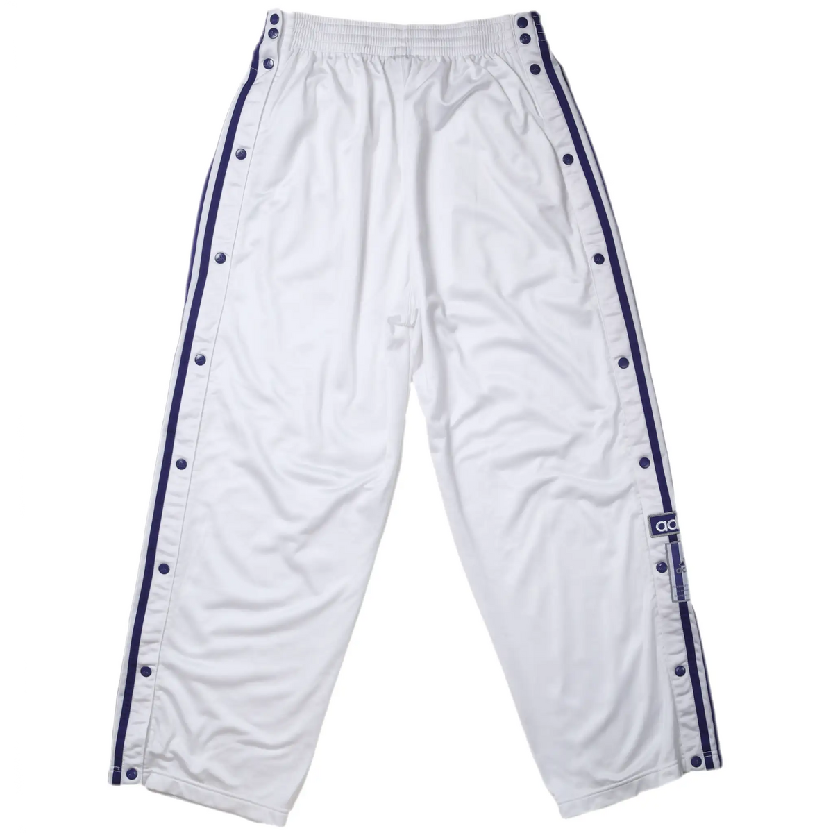 Back of white Adidas track pants with purple side stripes and snap-button openings