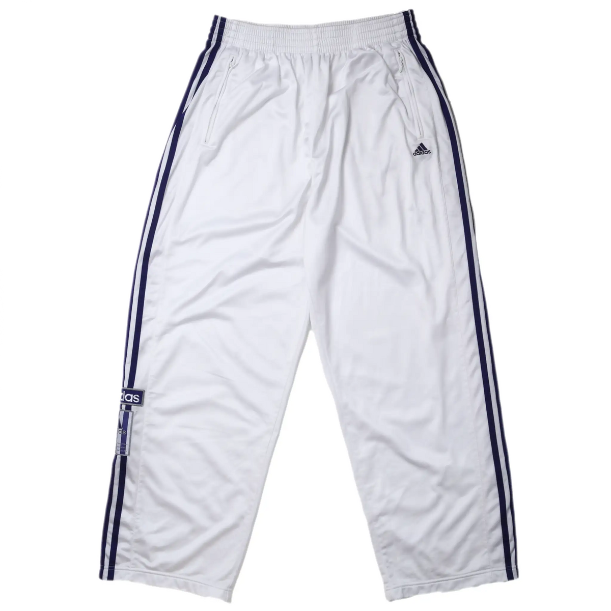 Front of white Adidas track pants with purple three-stripe trim and embroidered logo