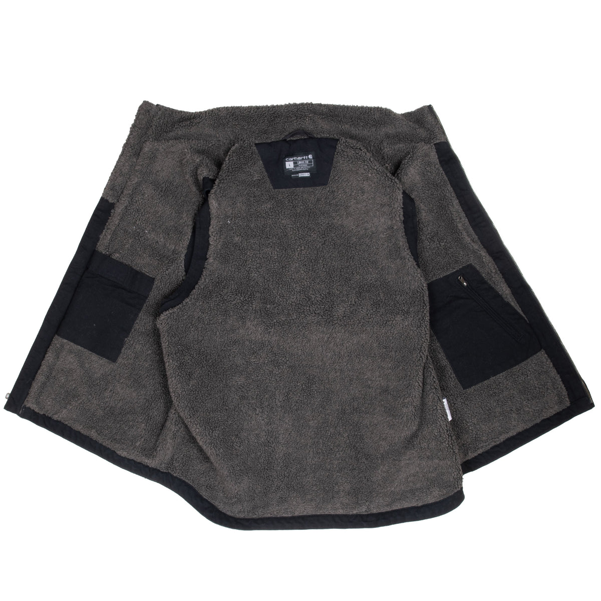 Open black Carhartt vest showing gray sherpa lining and interior pockets