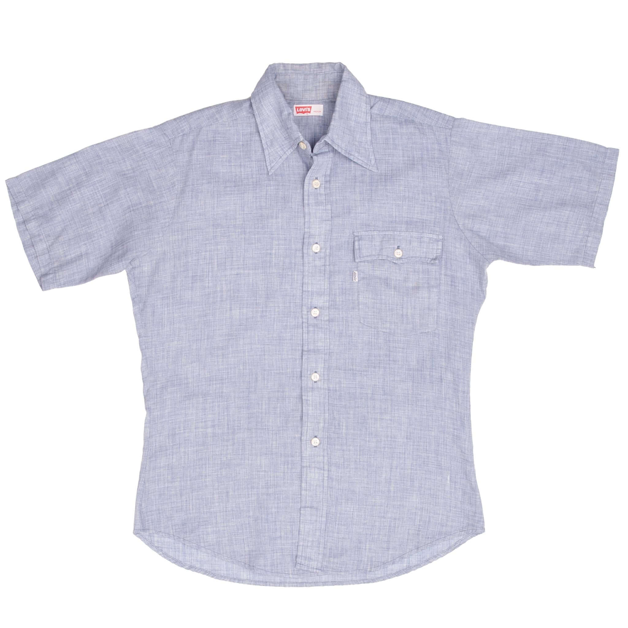 Full front of Levi's blue chambray short-sleeve button-up shirt
