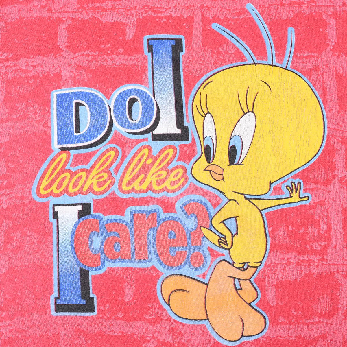 Close-up of Tweety graphic and Do I Look Like I Care? text on pink brick-pattern fabric