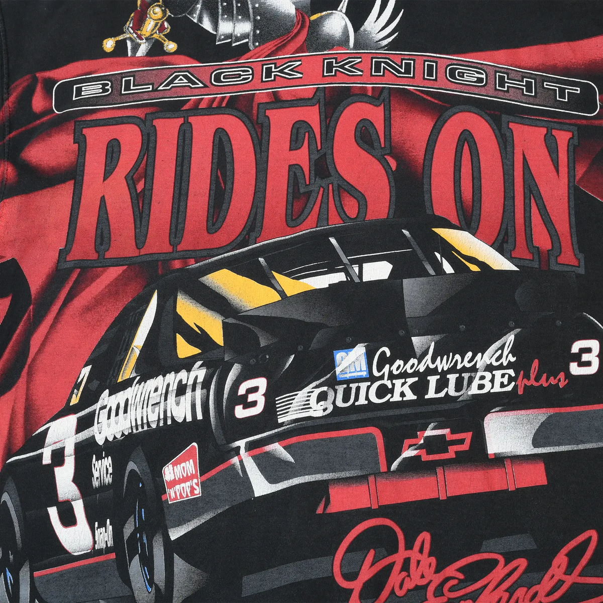 Close-up of back Black Knight Rides On print with No. 3 Goodwrench race car and signature
