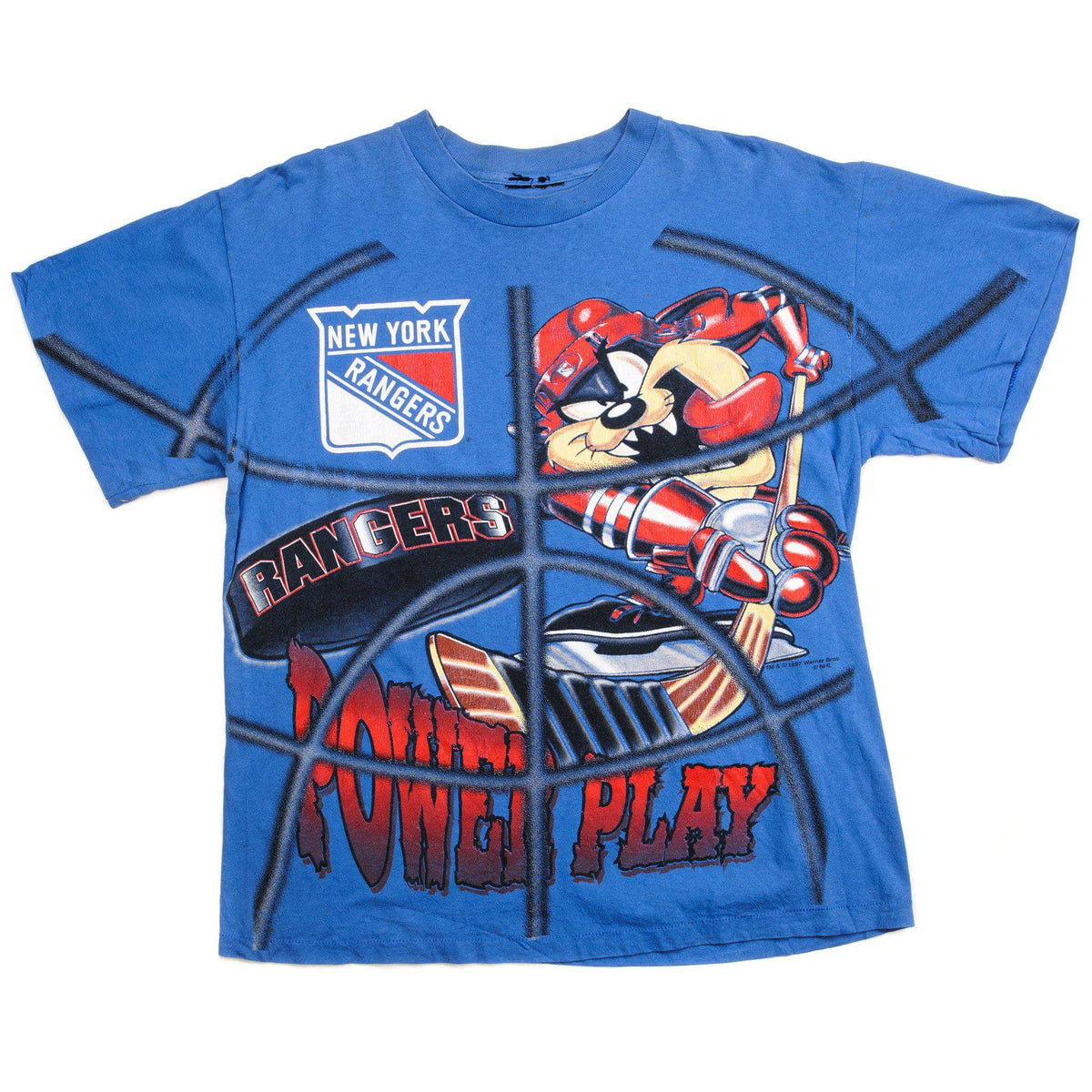 Full front view of blue New York Rangers T-shirt with Looney Tunes Taz hockey graphic