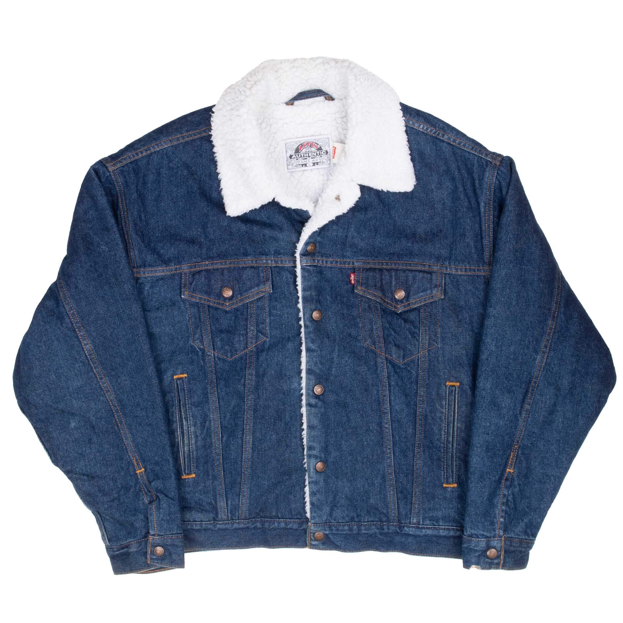 Vintage Levis Sherpa Triumph Patch Trucker Denim Jacket 1990S Size Large