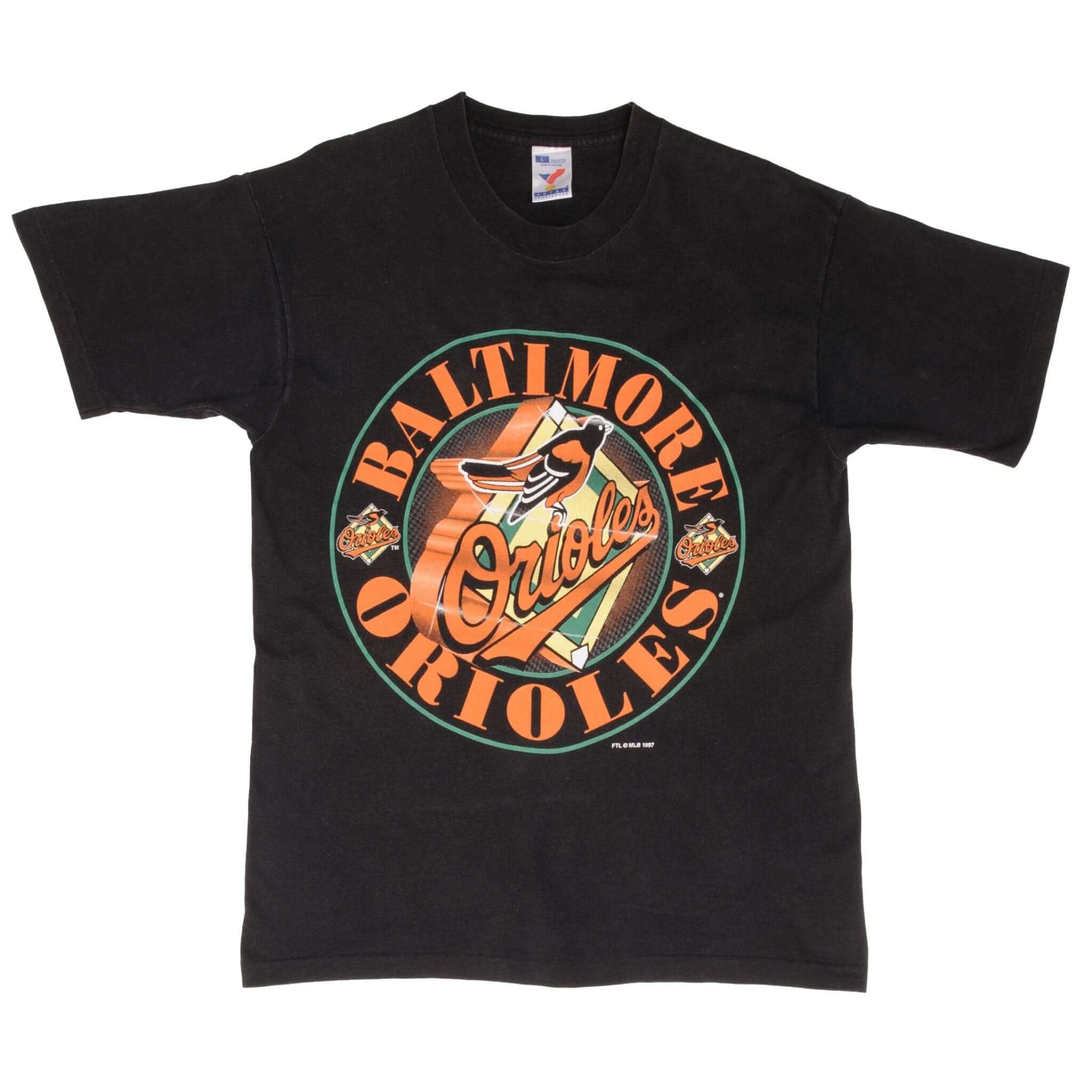 Full front view of black Baltimore Orioles T-shirt with circular team logo graphic