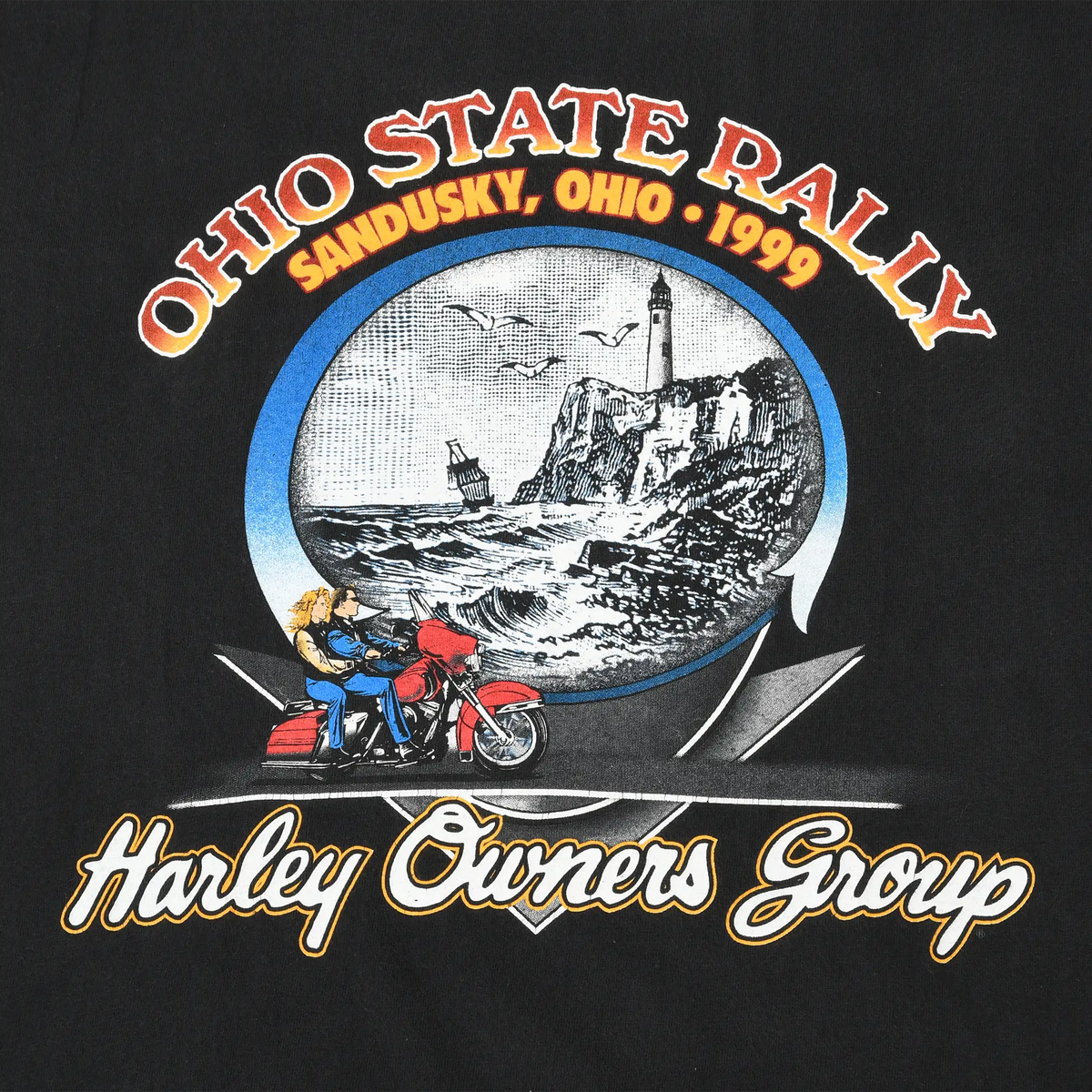 Front print detail with Ohio State Rally 1999 text, lighthouse scene and motorcyclists