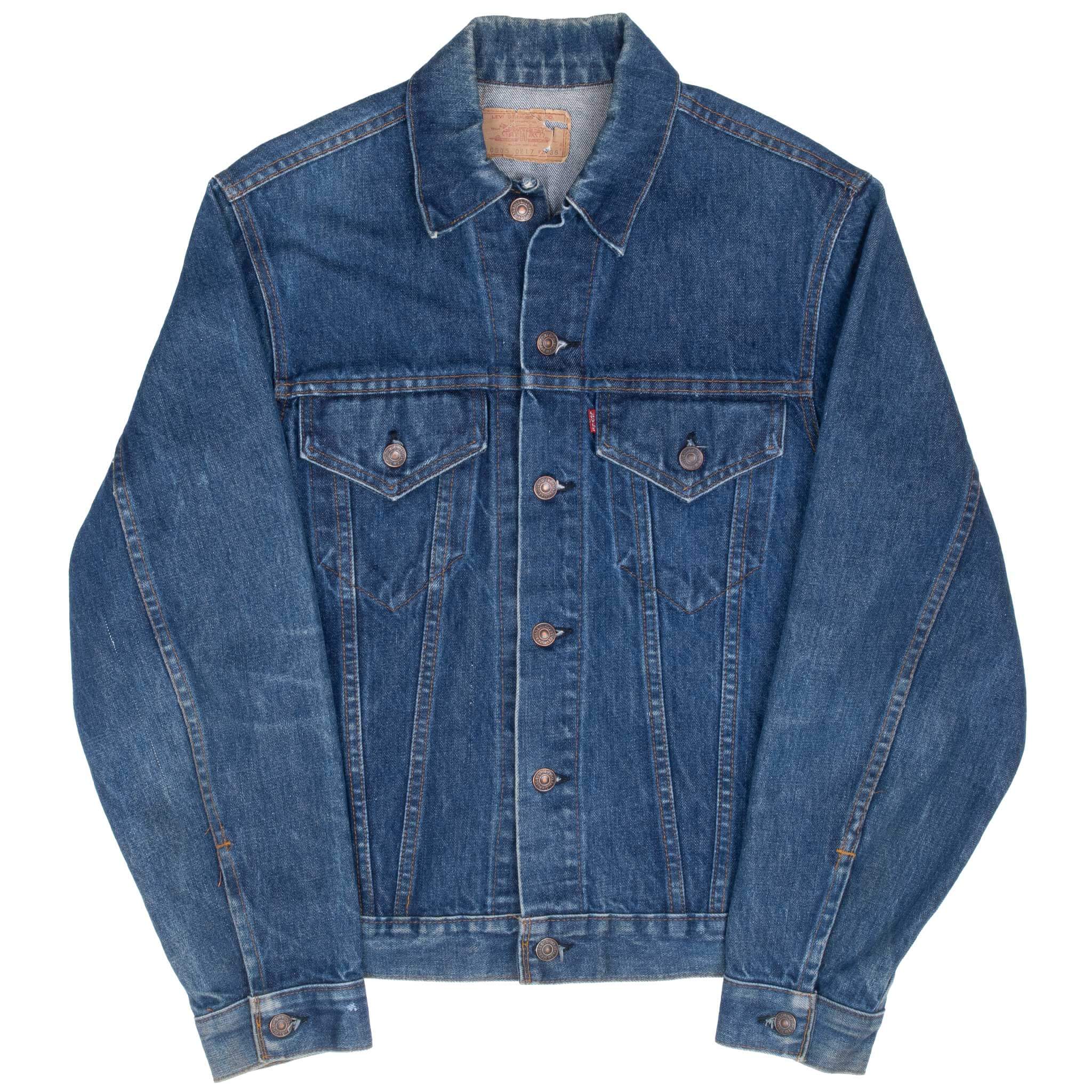 Full front view of Levi's Type III blue denim jacket with button closure and chest pockets