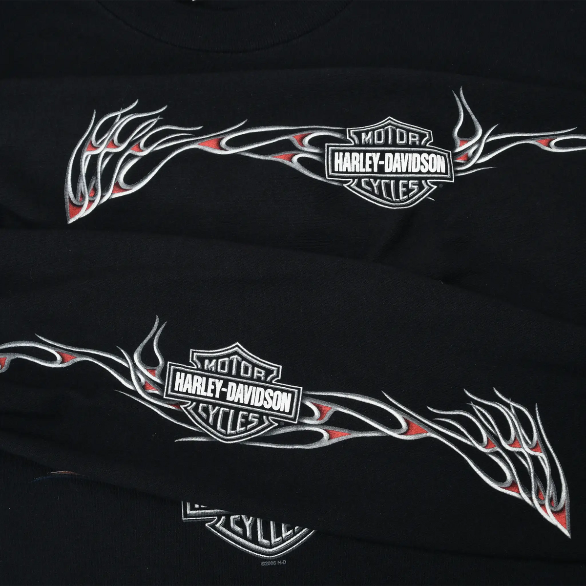 Close-up of Harley-Davidson shield logos and red, white, and gray flame sleeve prints