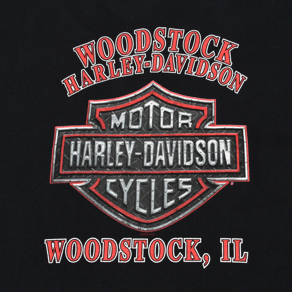 Close-up of back print with Woodstock Harley-Davidson shield and Woodstock, IL lettering