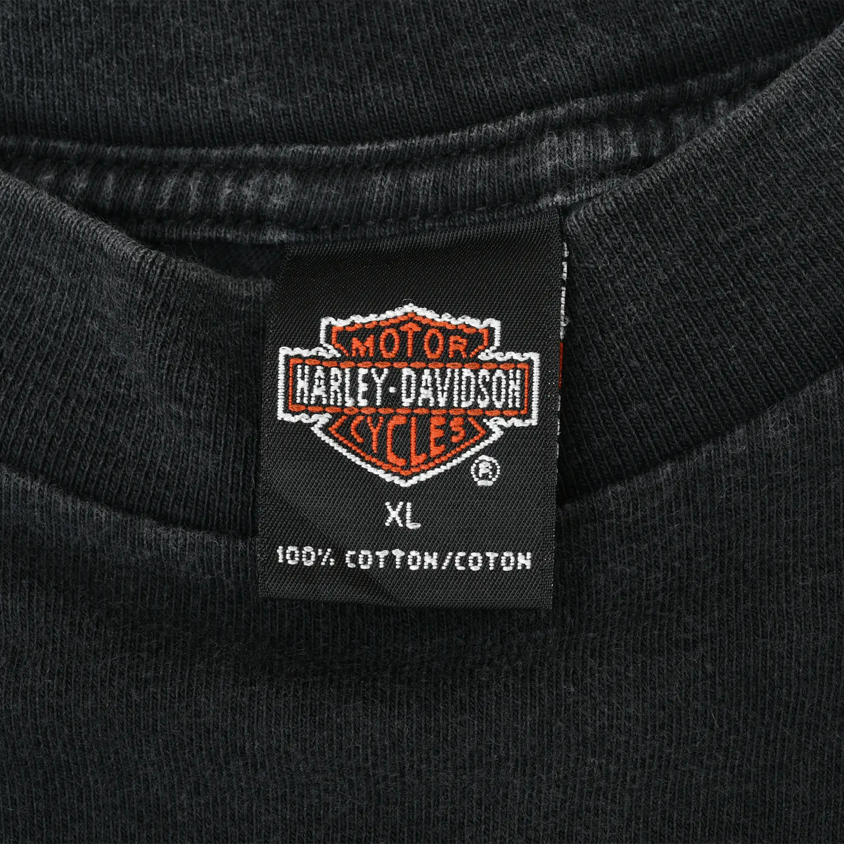 Harley-Davidson Motor Cycles XL neck tag showing 100% cotton