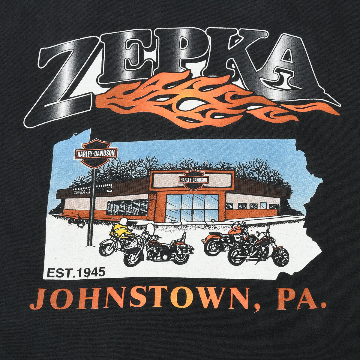 Close-up of Zepka Harley-Davidson dealership, motorcycles, and Johnstown, PA back print