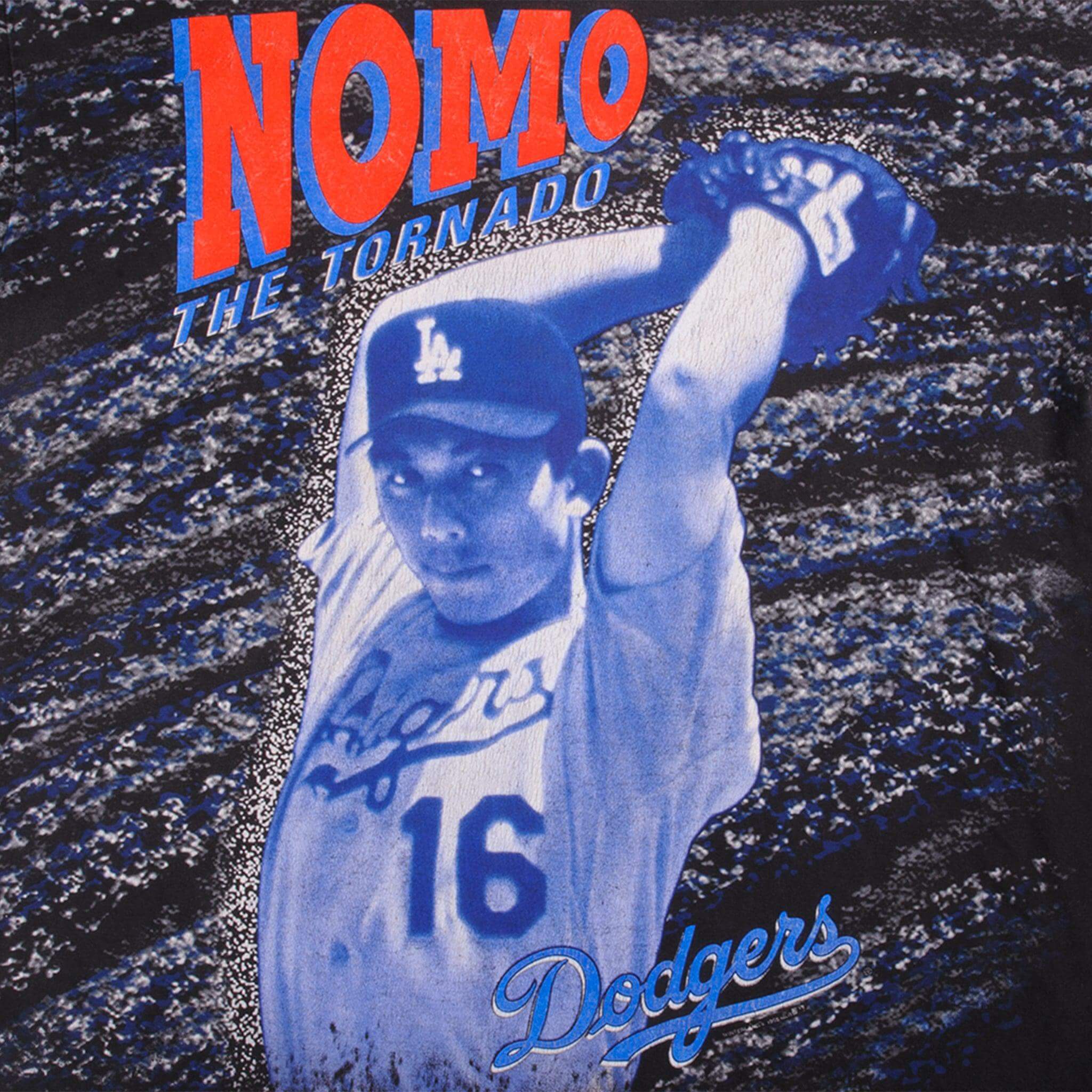 Vintage All Over Print MLB Los Angeles Dodgers Nomo The Tornado 1995 Tee Shirt Size XXL Made In USA With Single Stitch Sleeves.