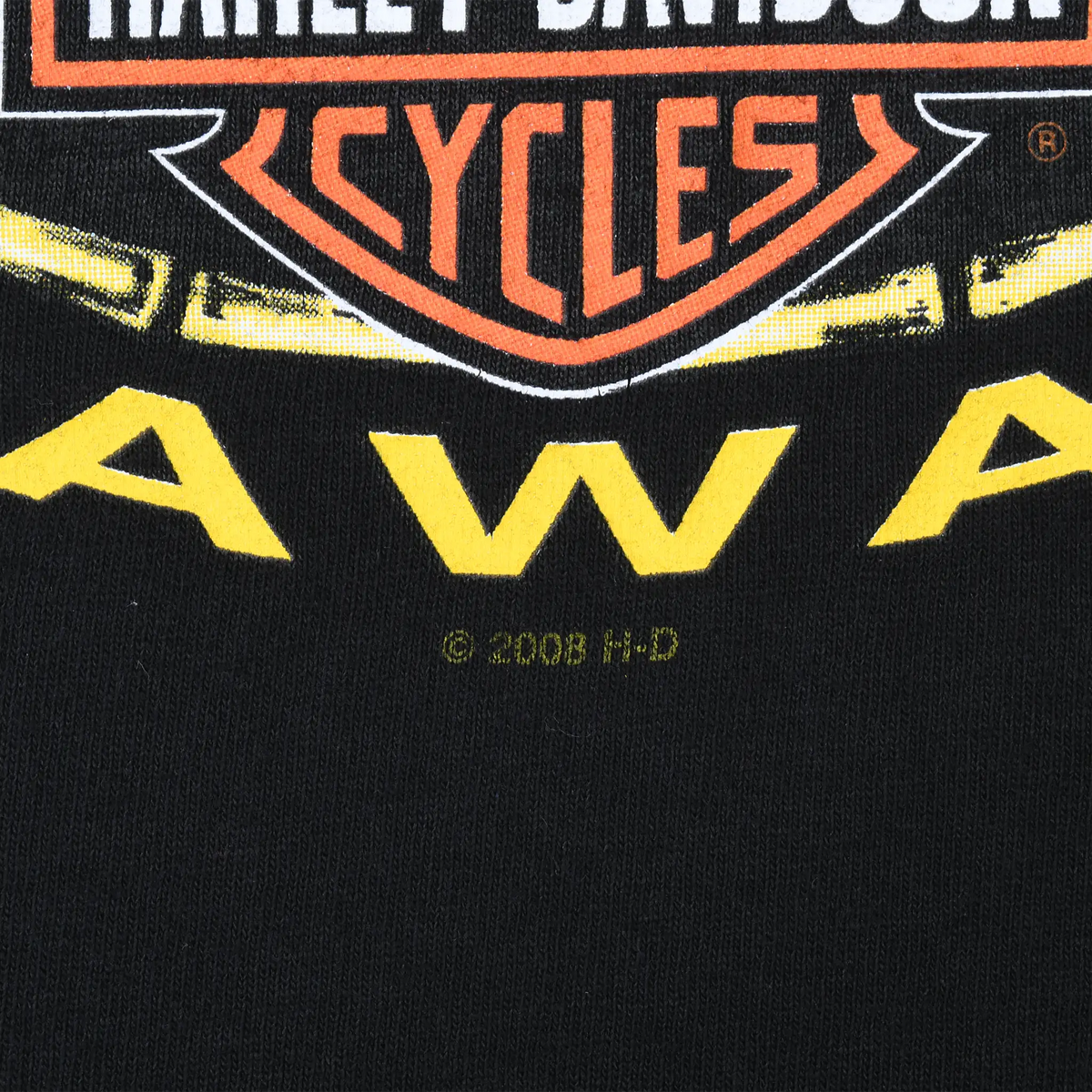 Close-up of Harley-Davidson back print showing Cycles logo, Hawaii lettering, and 2008 copyright
