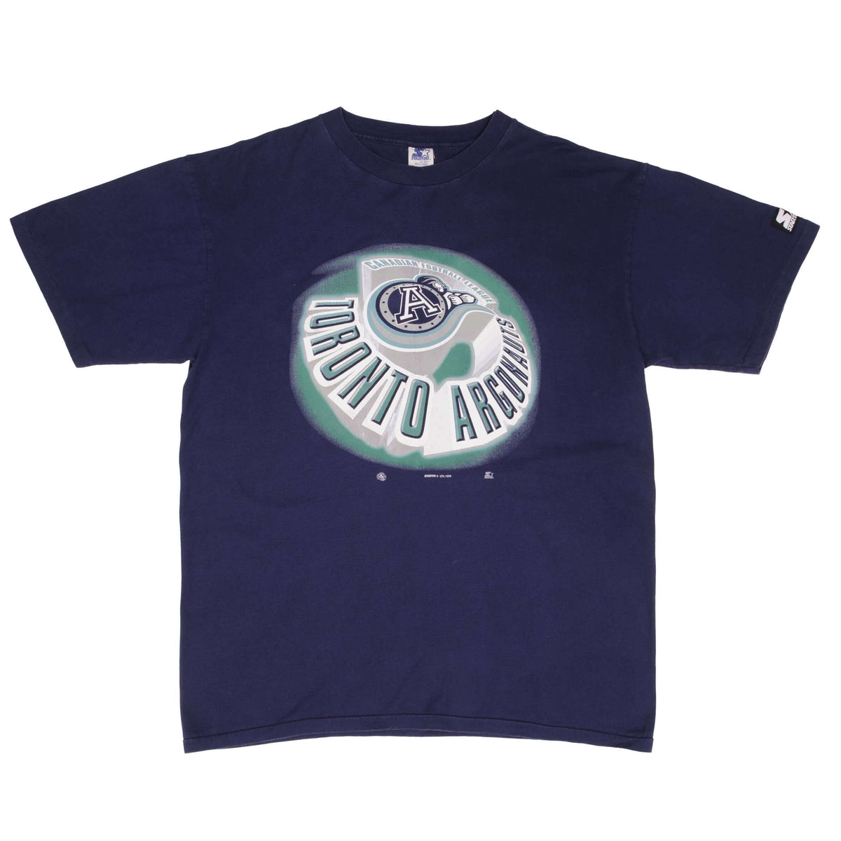 Front of navy Toronto Argonauts CFL T-shirt with large helmet logo graphic