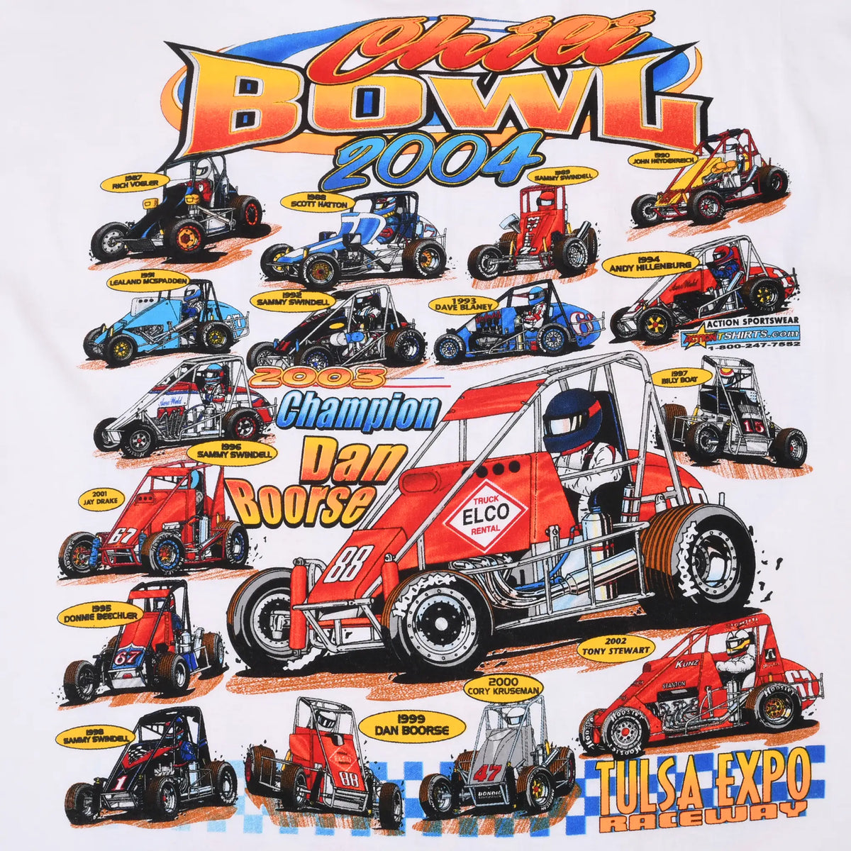 Close-up of Chili Bowl 2004 back print featuring Champion Dan Boorse and multiple dirt track race cars